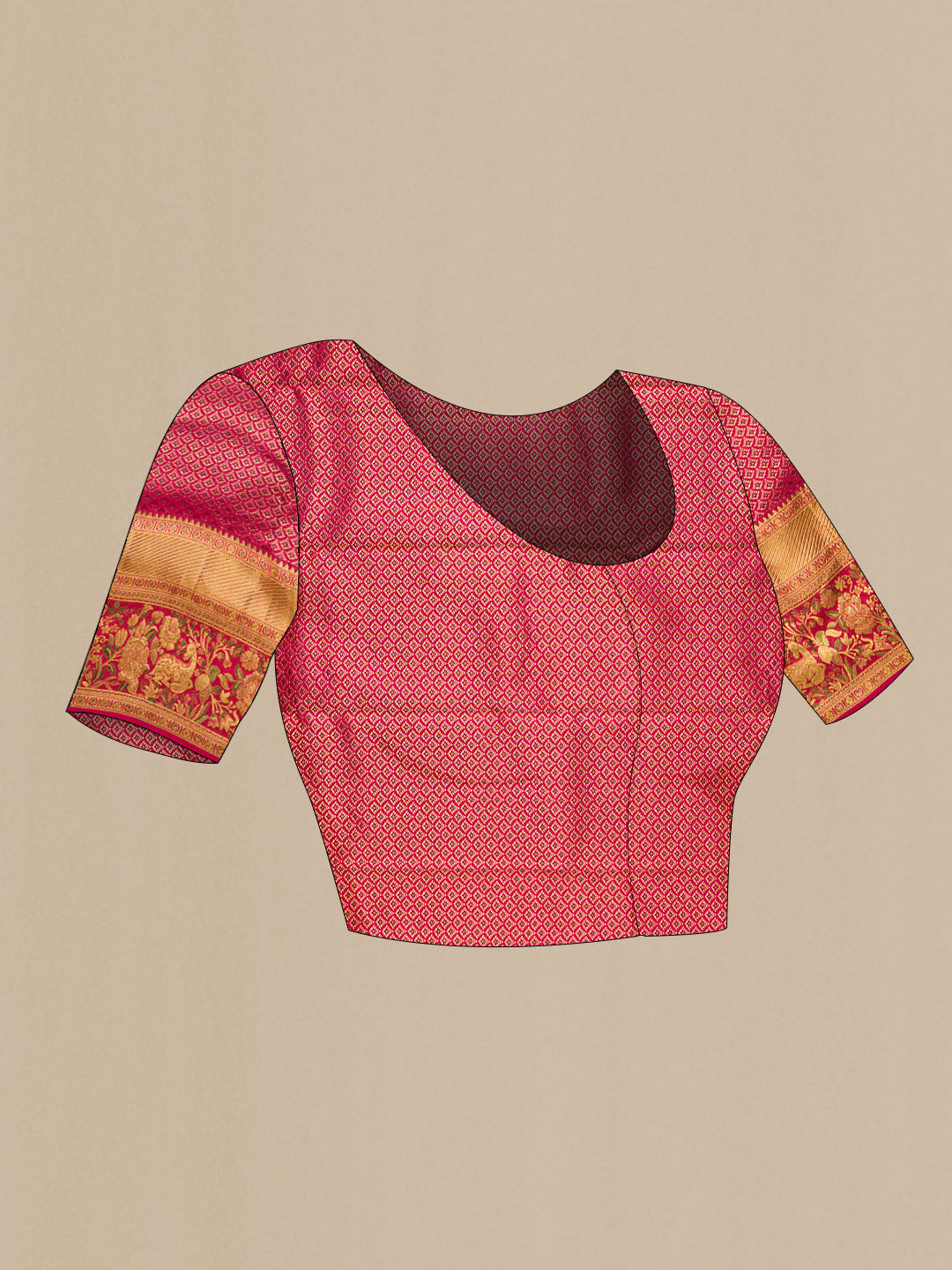 Close up image of the blouse of Dark Pink Dual Tone Kanjivaram Silk Saree with Zari Brocade on the body and Fancy Border. 