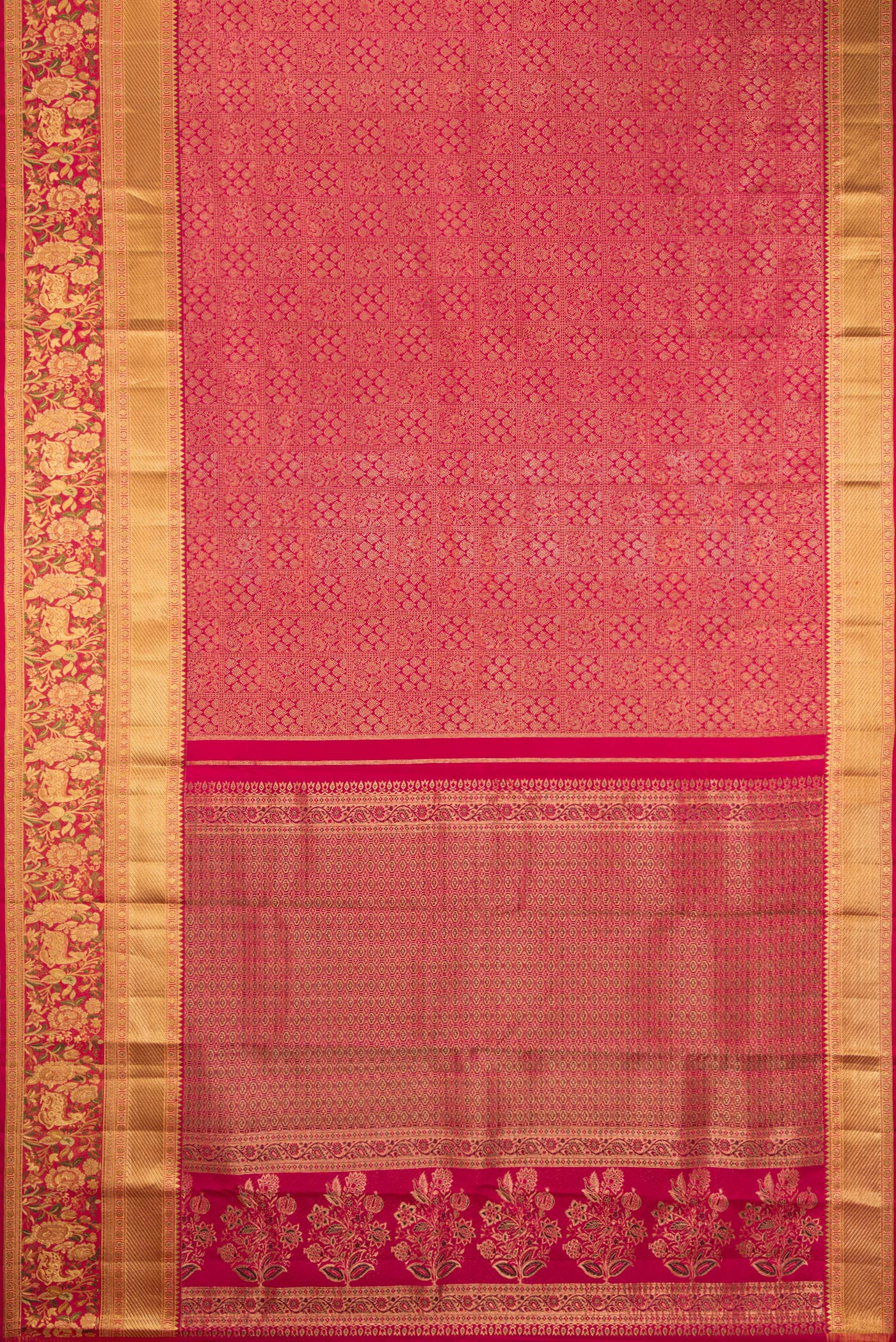 Flat view of Dark Pink Dual Tone Kanjivaram Silk Saree with Zari Brocade on the body and Fancy Border. 