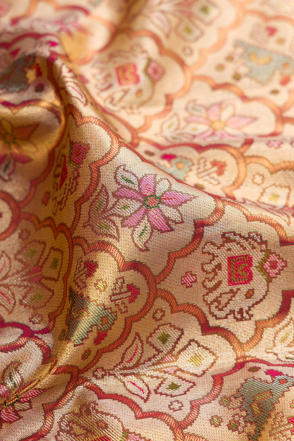 Close up of Gold Dual Tone Kanjivaram Tissue Silk Saree with Zari Brocade on the body and Fancy Border.  displaying folds
