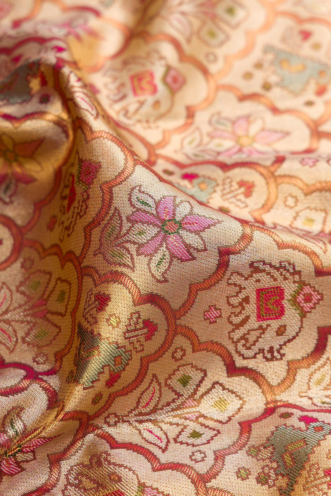 Close up of Gold Dual Tone Kanjivaram Tissue Silk Saree with Zari Brocade on the body and Fancy Border.  displaying folds
