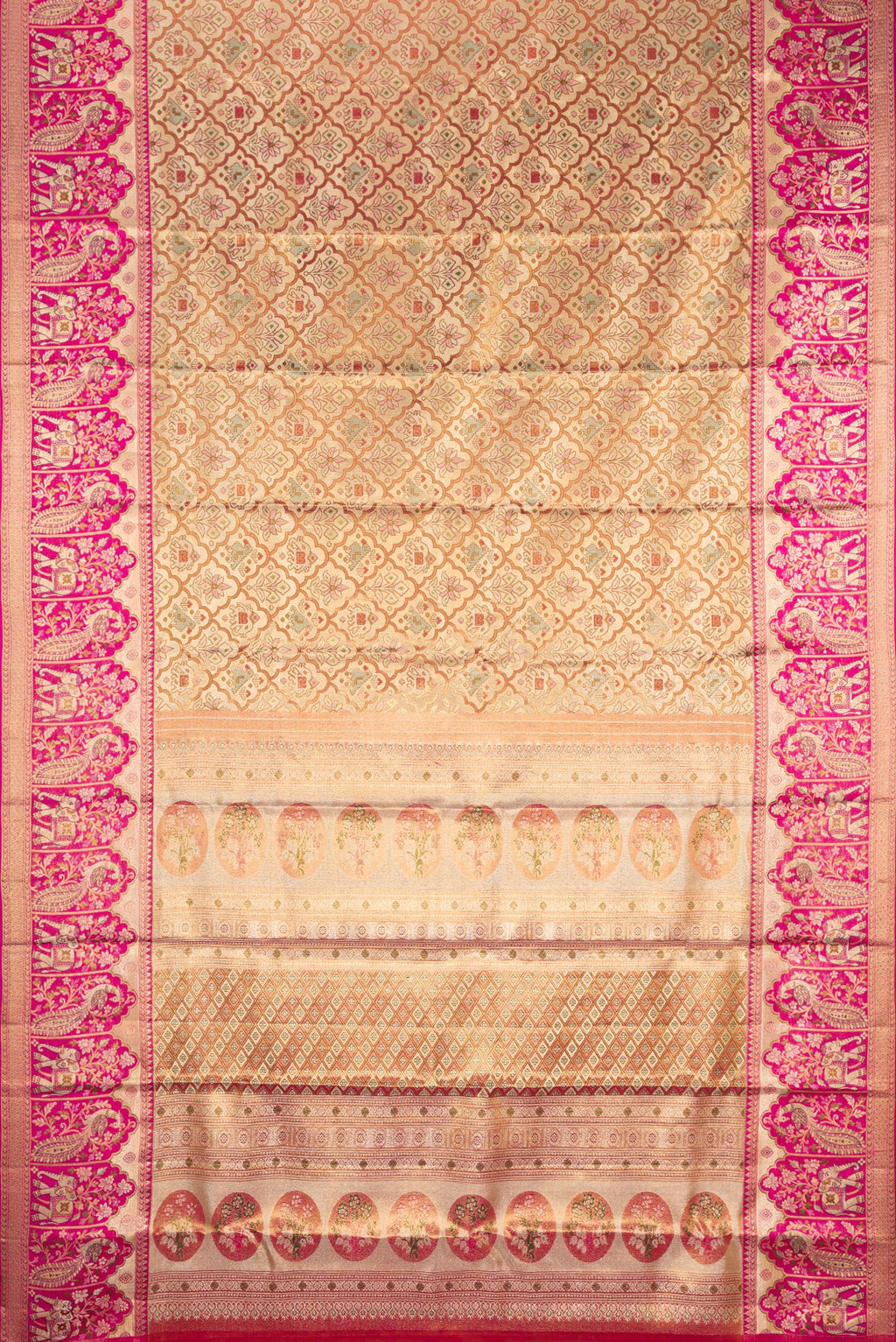 Flat view of Gold Dual Tone Kanjivaram Tissue Silk Saree with Zari Brocade on the body and Fancy Border. 