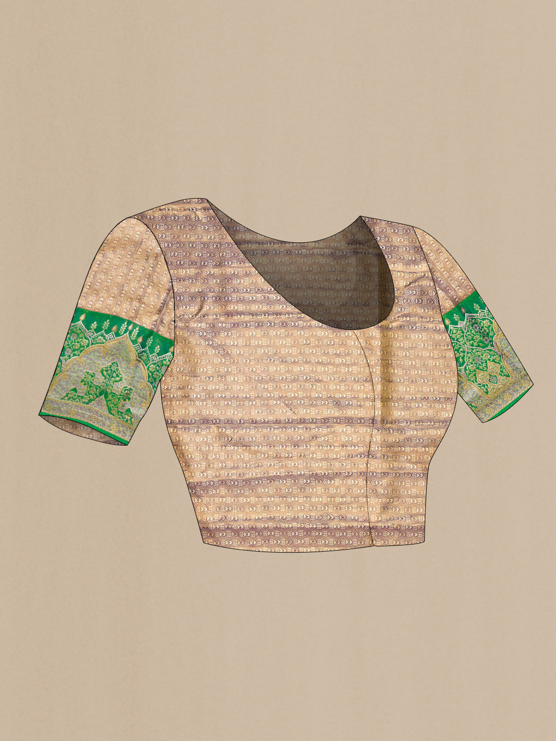 Close up image of the blouse of Gold Dual Tone Kanjivaram Tissue Silk Saree with Zari Brocade on the body and Fancy Border. 