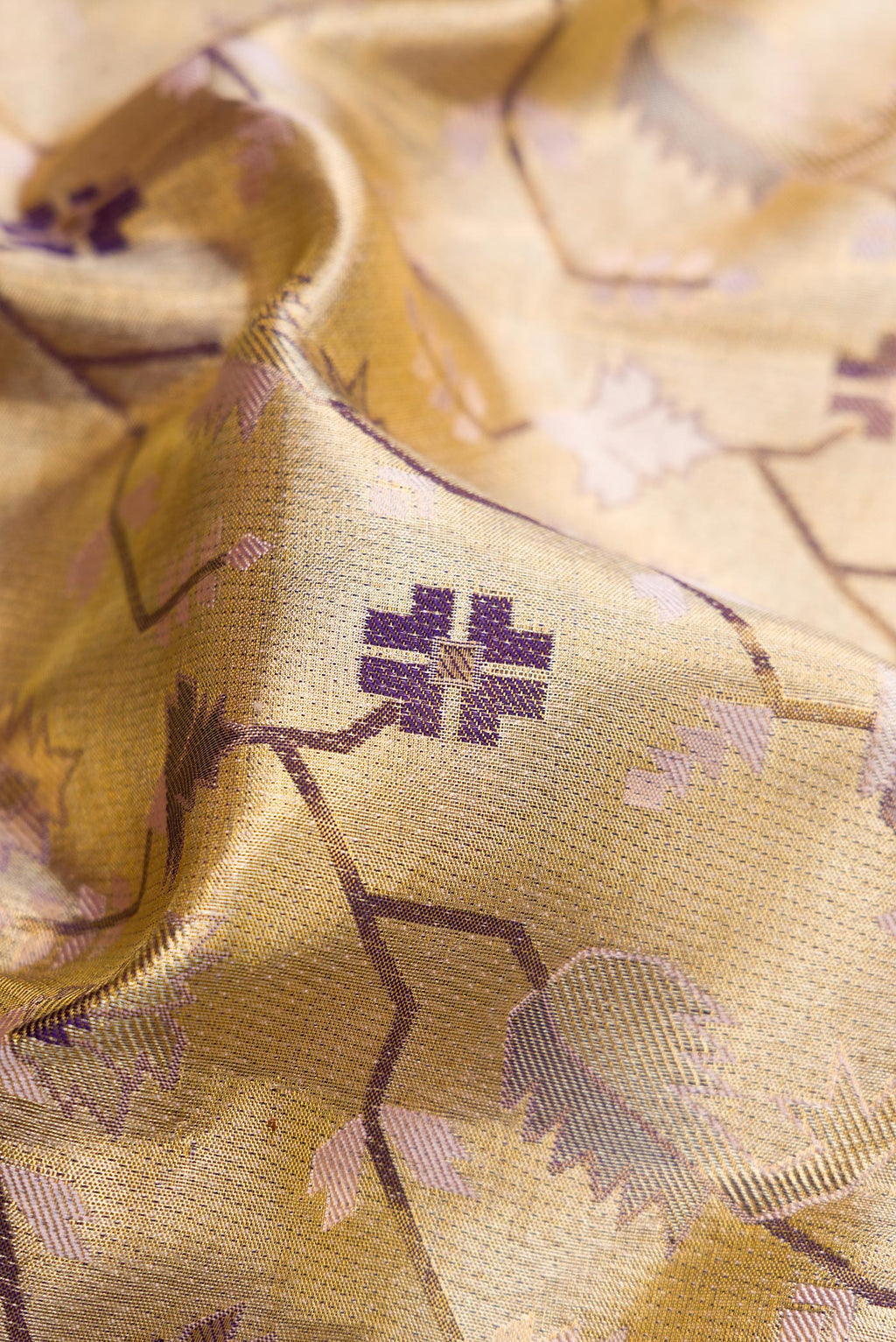 Close up of Gold Dual Tone Kanjivaram Tissue Silk Saree with Zari Brocade on the body and Fancy Border.  displaying folds