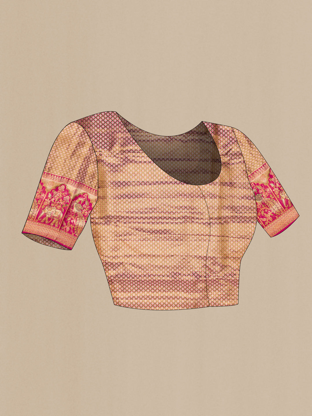 Close up image of the blouse of Gold Dual Tone Kanjivaram Tissue Silk Saree with Zari Brocade on the body and Fancy Border. 