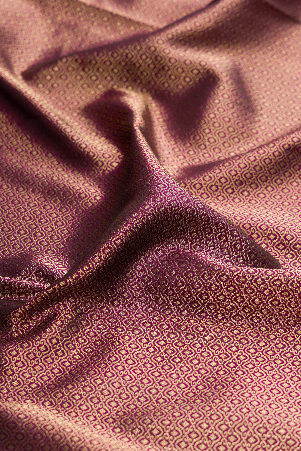 Close up of Purple Kanjivaram Silk Saree with Zari Brocade on the body and Fancy Border.  displaying folds