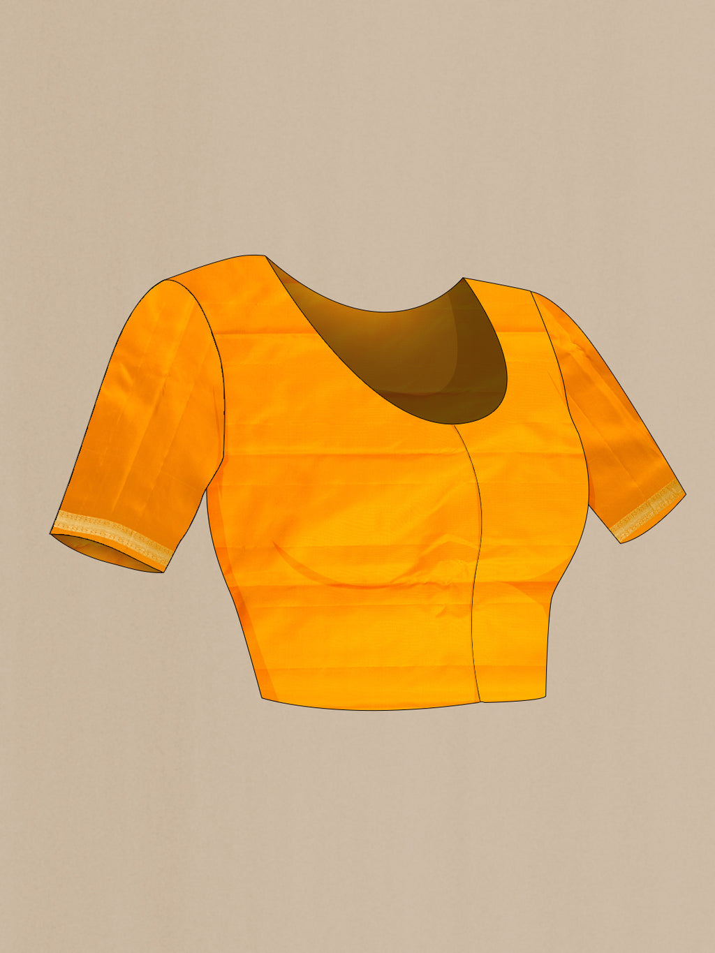 Close up image of the blouse of Pure Silk Mustard Kanjivaram Saree with Jacquard design on the body and Fancy Border. 