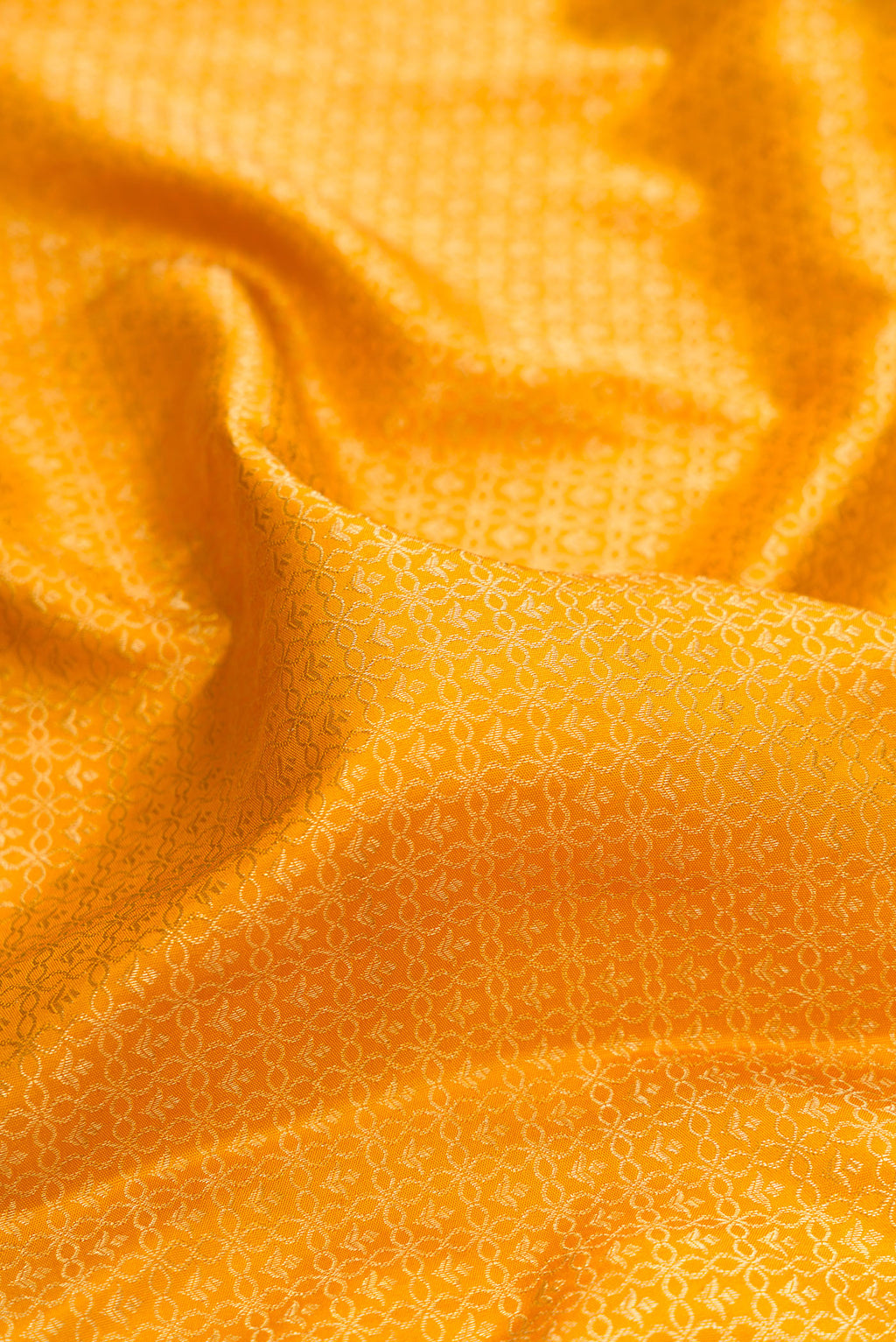 Close up of Pure Silk Mustard Kanjivaram Saree with Jacquard design on the body and Fancy Border.  displaying folds