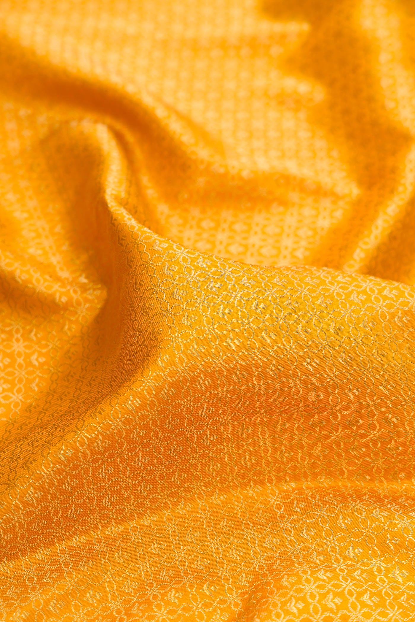 Close up of Pure Silk Mustard Kanjivaram Saree with Jacquard design on the body and Fancy Border.  displaying folds