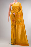Pure Silk Mustard Kanjivaram Saree with Jacquard design on the body and Fancy Border.  displayed on a mannequin