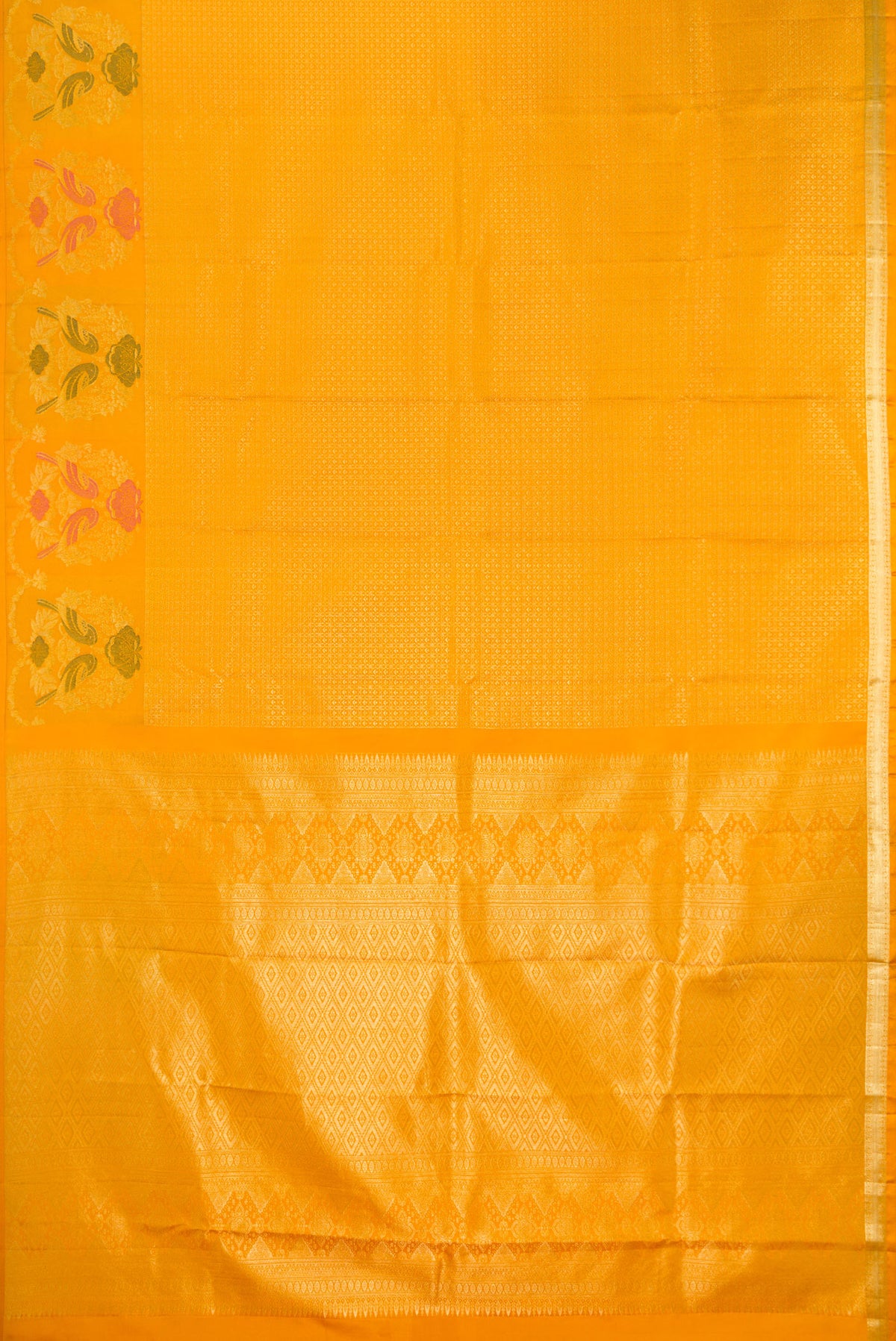 Flat view of Pure Silk Mustard Kanjivaram Saree with Jacquard design on the body and Fancy Border. 