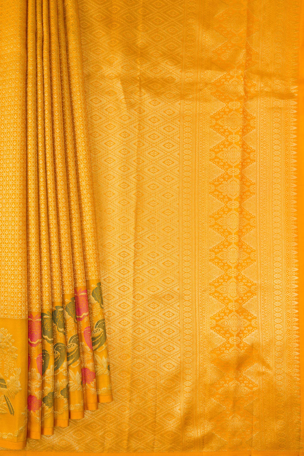 Pleats and pallu of Pure Silk Mustard Kanjivaram Saree with Jacquard design on the body and Fancy Border. 