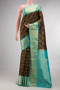 Pure Silk Navy Blue Dual Tone Kanjivaram Saree with Zari Brocade on the body and Zari Border.  displayed on a mannequin