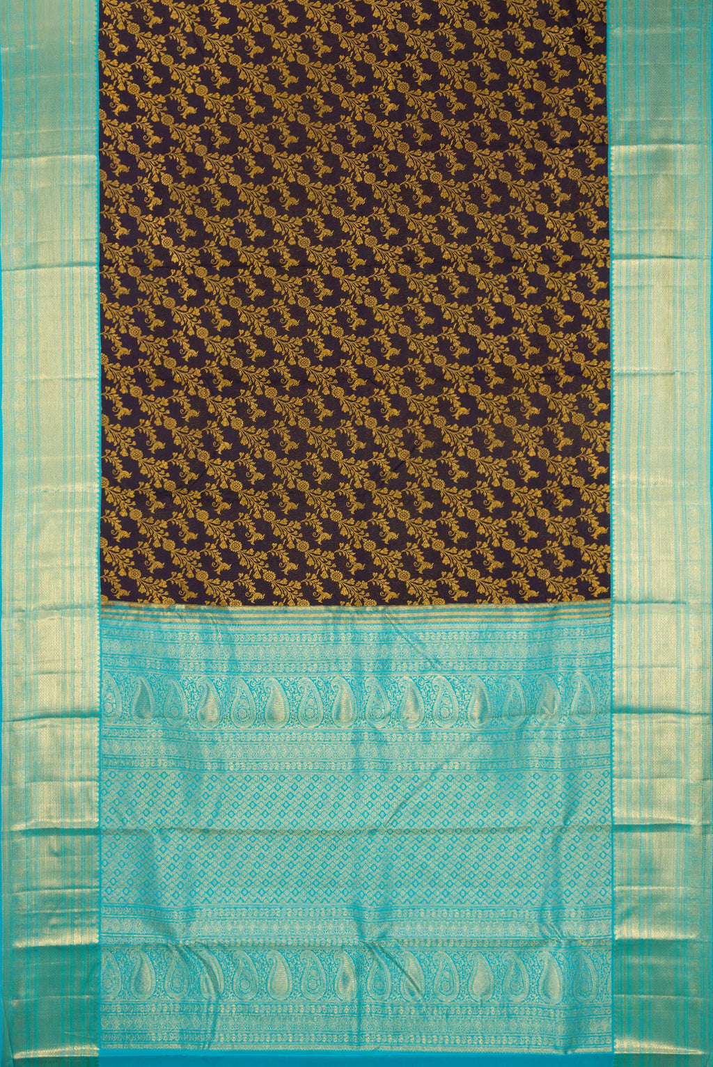 Flat view of Pure Silk Navy Blue Dual Tone Kanjivaram Saree with Zari Brocade on the body and Zari Border. 