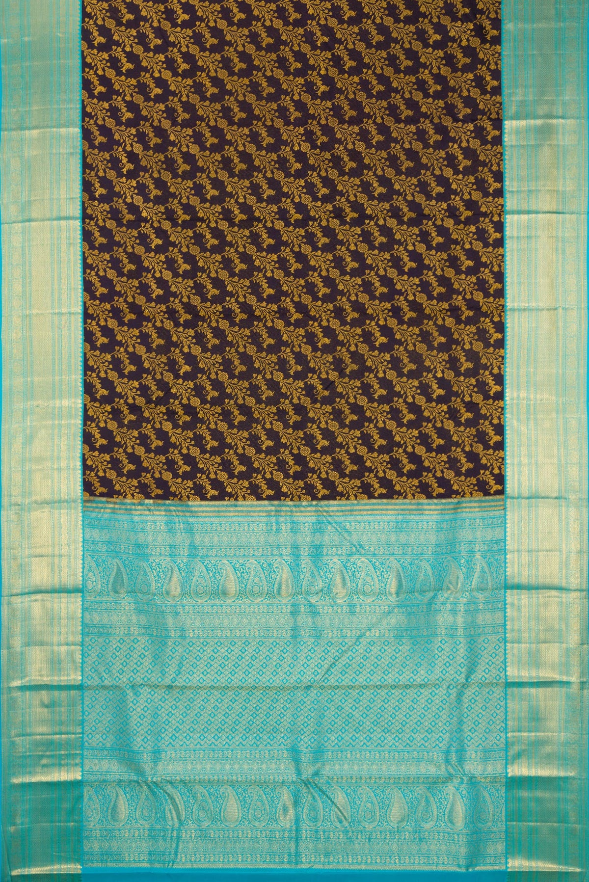 Flat view of Pure Silk Navy Blue Dual Tone Kanjivaram Saree with Zari Brocade on the body and Zari Border. 