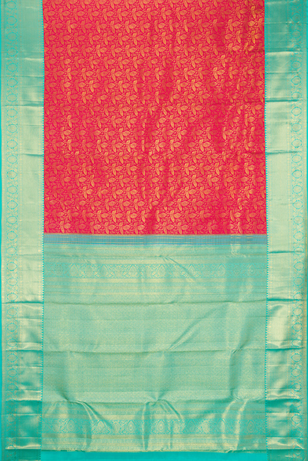 Flat view of Dark Pink Kanjivaram Silk Saree with Zari Brocade on the body and Zari Border. 