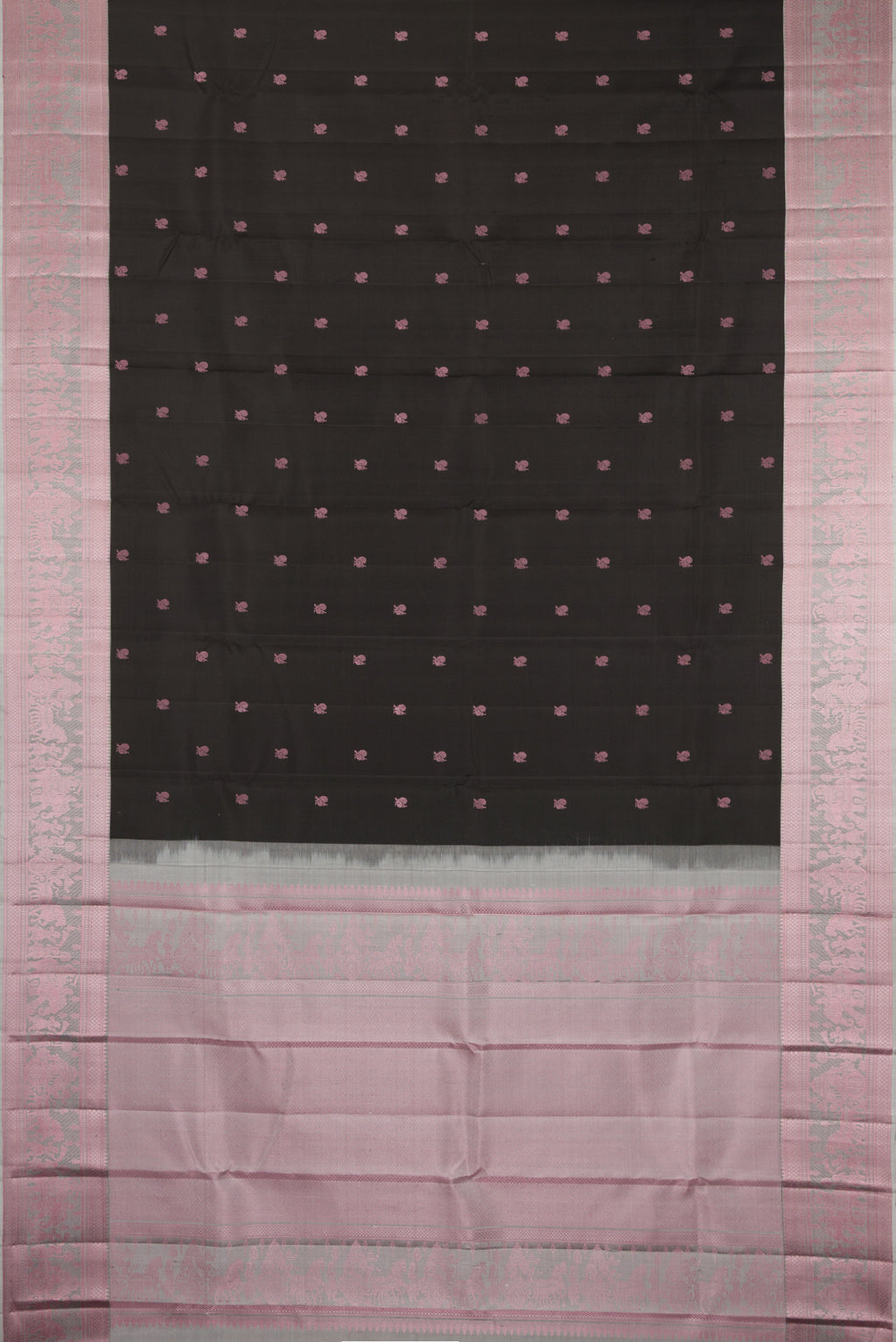 Flat view of Black Kanchipuram Silk Saree with Thread Butta on the body and Thread Border. 