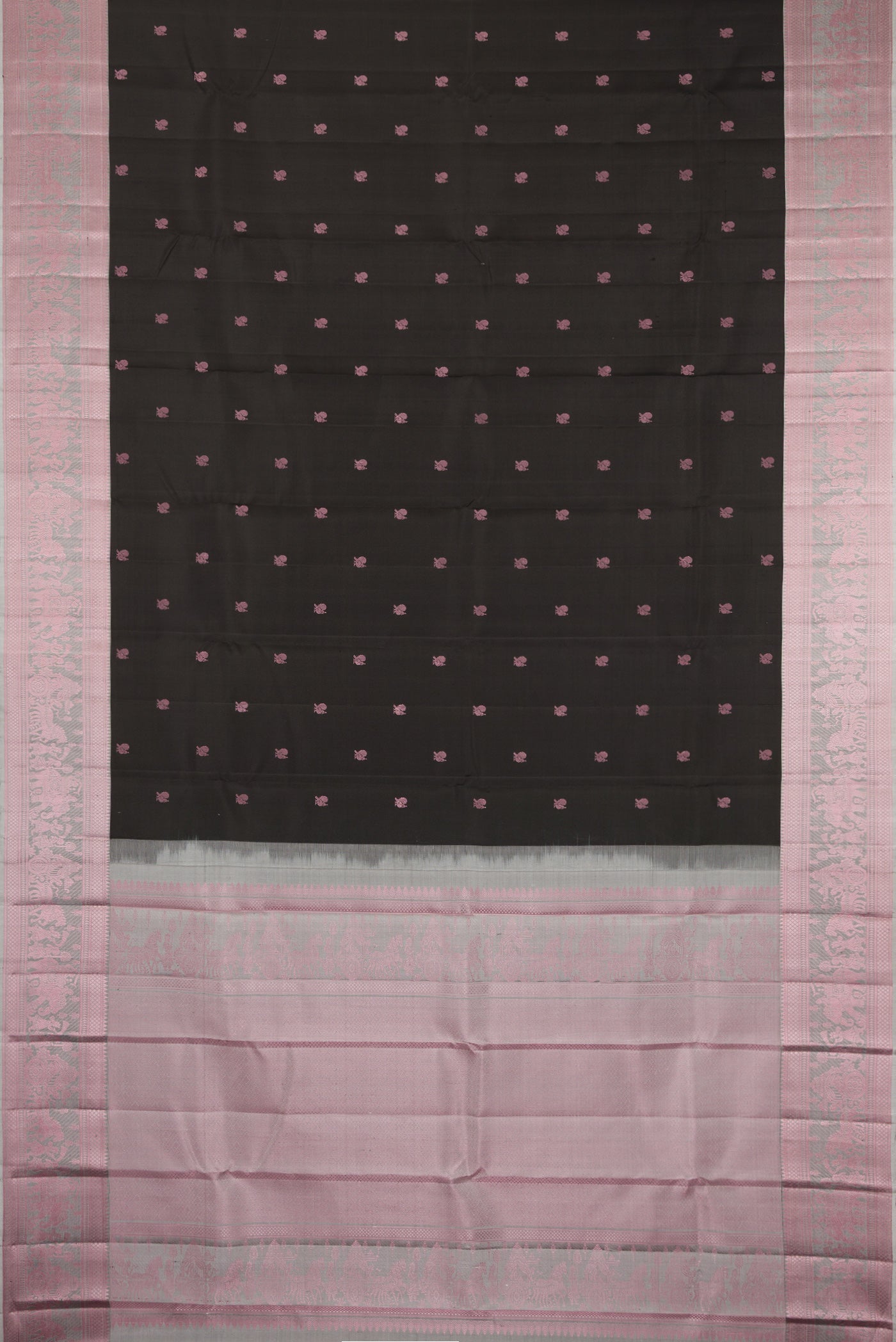 Flat view of Black Kanchipuram Silk Saree with Thread Butta on the body and Thread Border. 