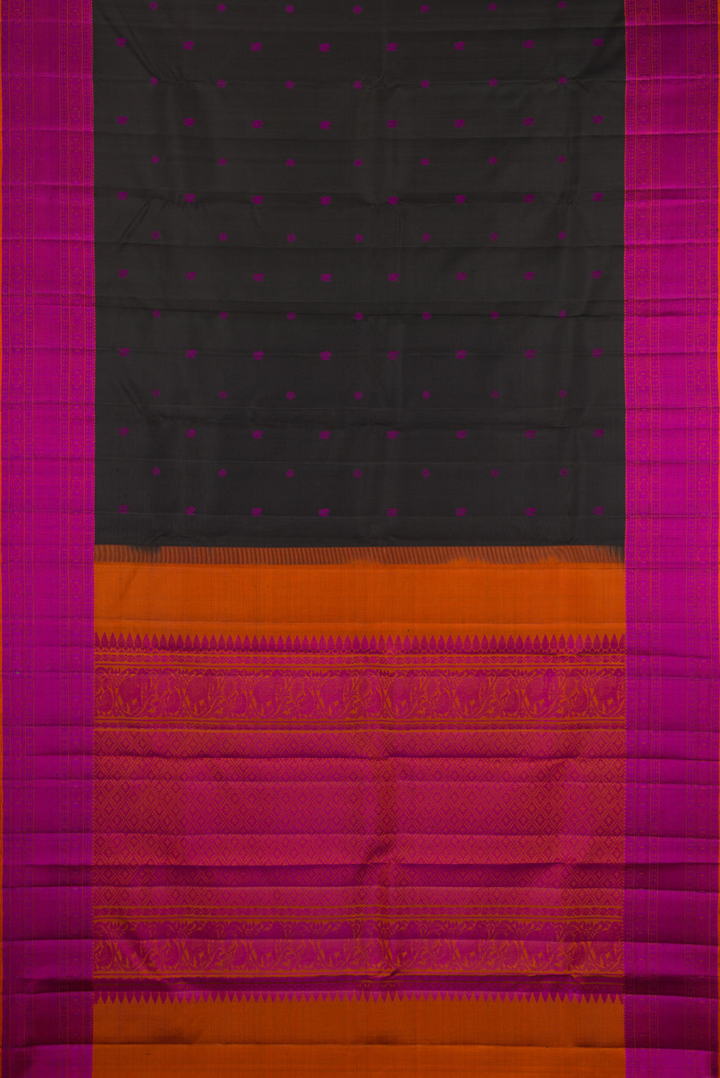 Flat view of Black Kanchipuram Silk Saree with Thread Butta on the body and Thread Border. 