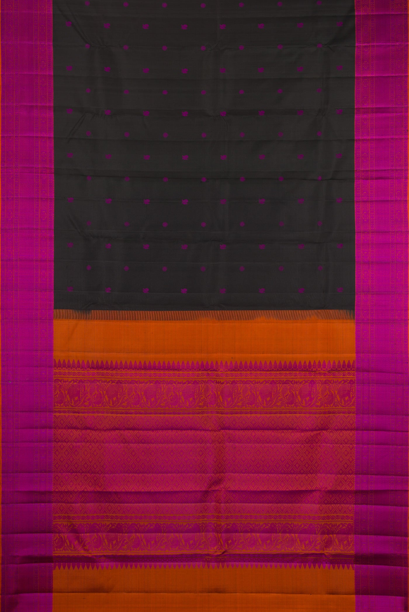 Flat view of Black Kanchipuram Silk Saree with Thread Butta on the body and Thread Border. 