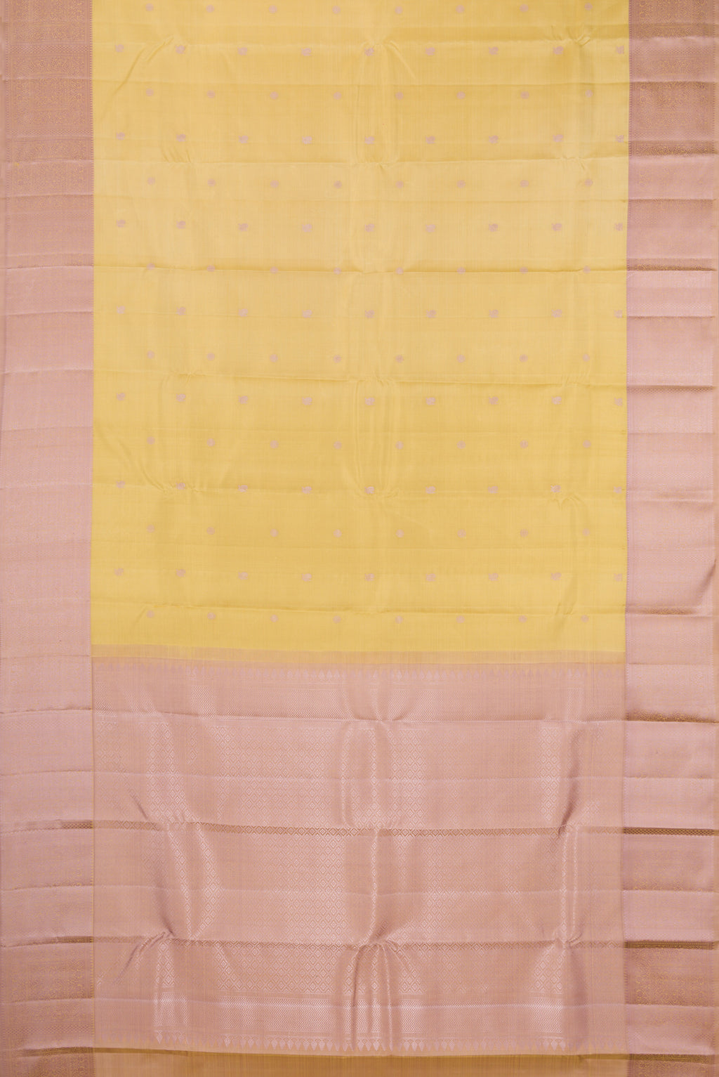 Flat view of Sandal Kanchipuram Silk Saree with Thread Butta on the body and Thread Border. 
