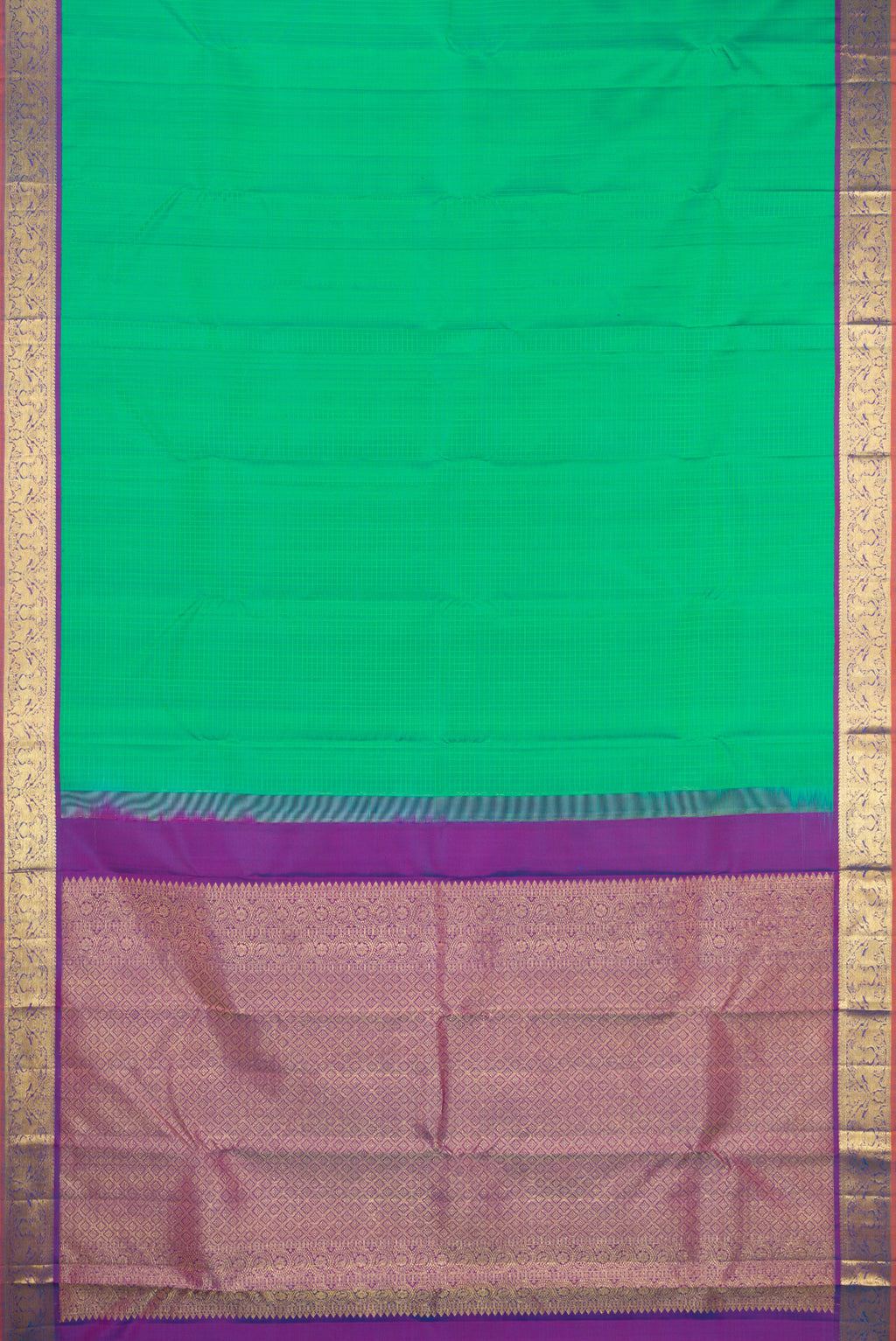 Flat view of Green Kanchipuram Silk Saree with Checked design on the body and Zari Border. 