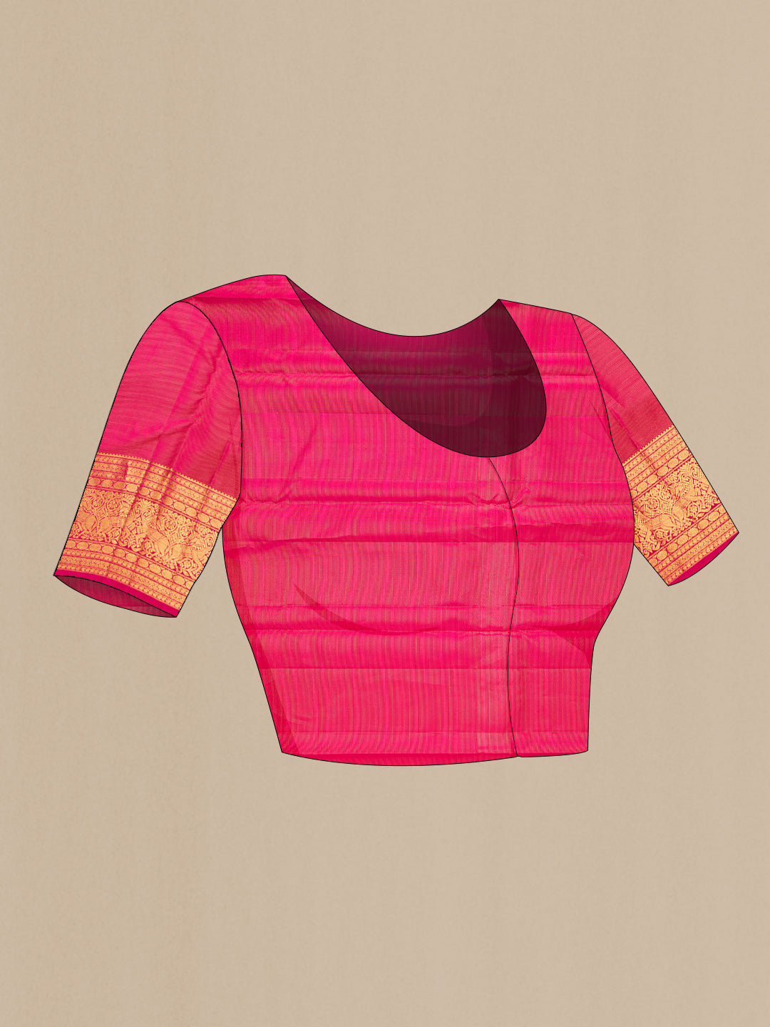 Close up image of the blouse of Orange Kanchipuram Silk Saree with Stripes on the body and Fancy Border. 