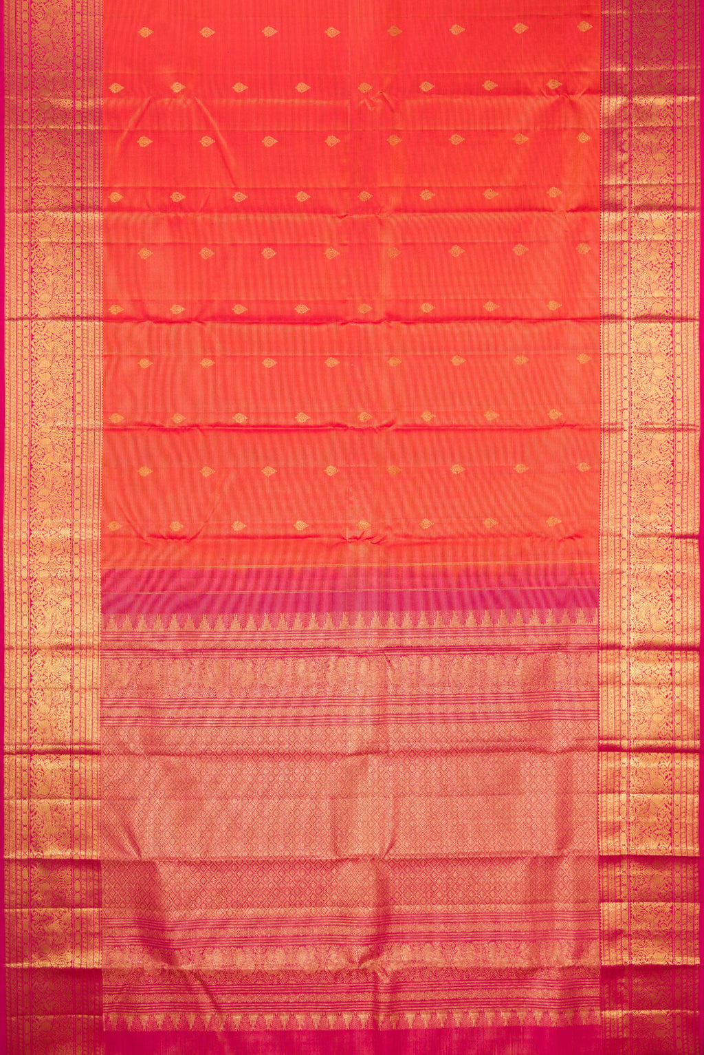 Flat view of Orange Kanchipuram Silk Saree with Stripes on the body and Fancy Border. 