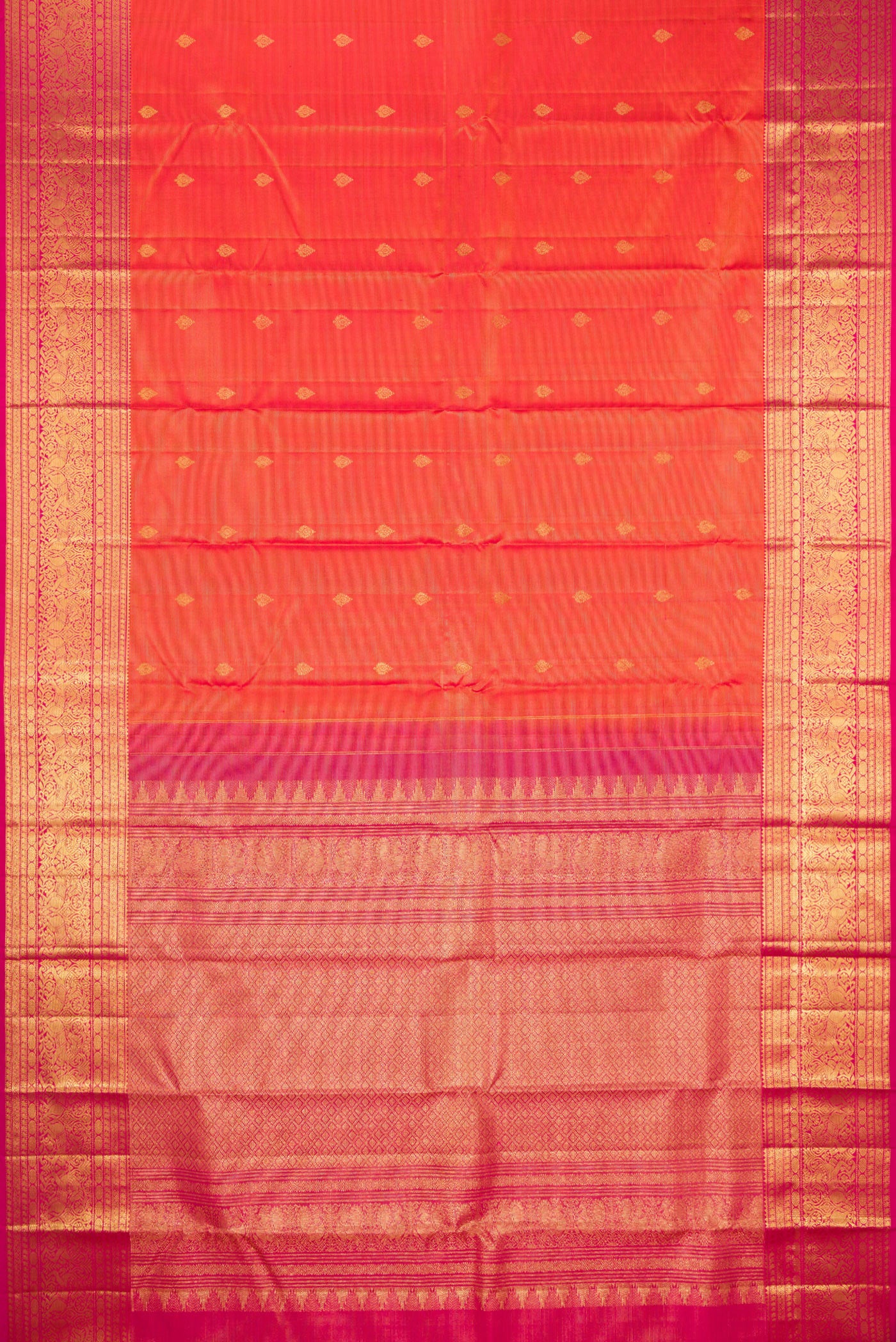 Flat view of Orange Kanchipuram Silk Saree with Stripes on the body and Fancy Border. 