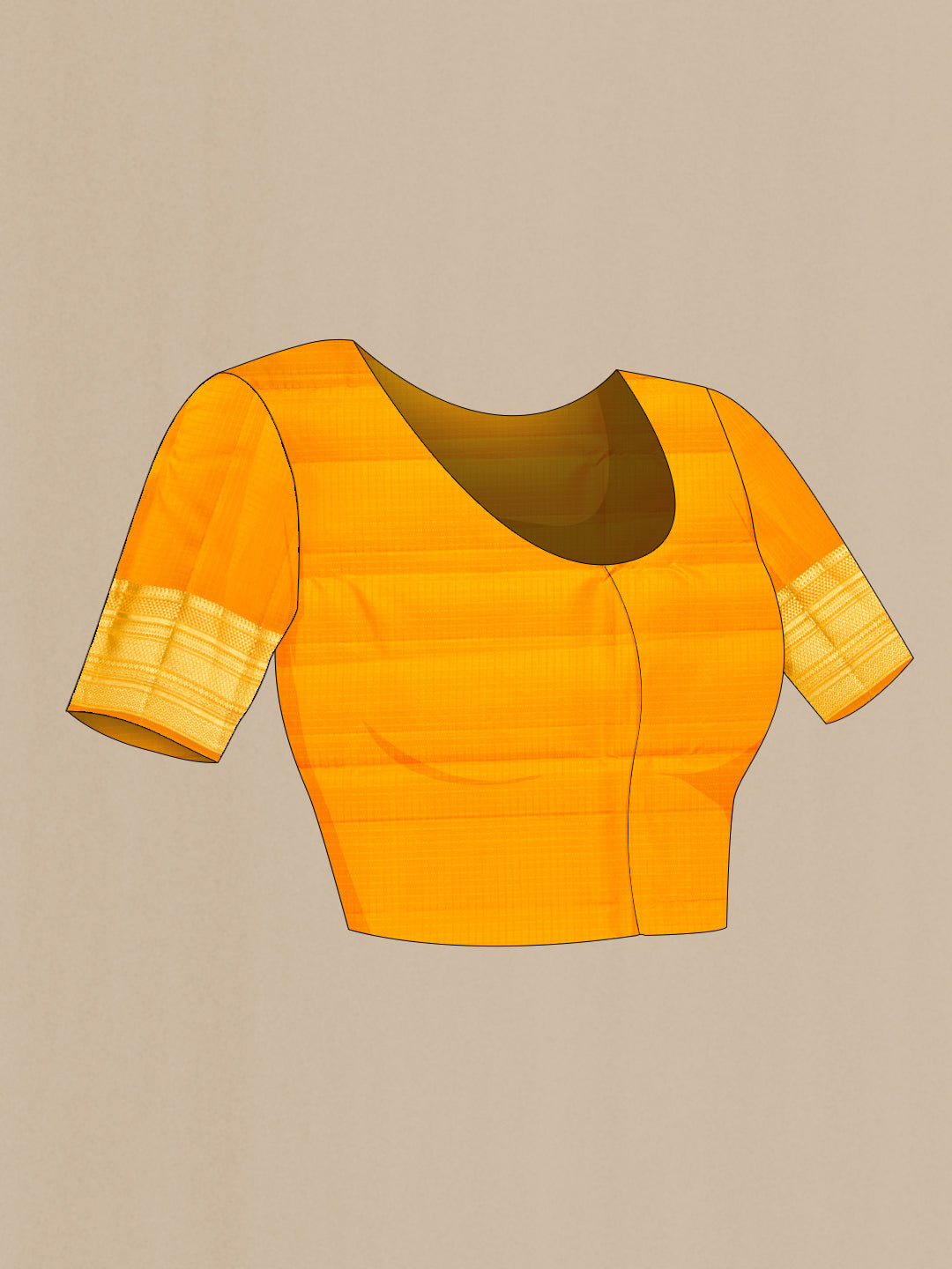 Close up image of the blouse of Yellow Kanchipuram Silk Saree with Checked design on the body and Zari Border. 