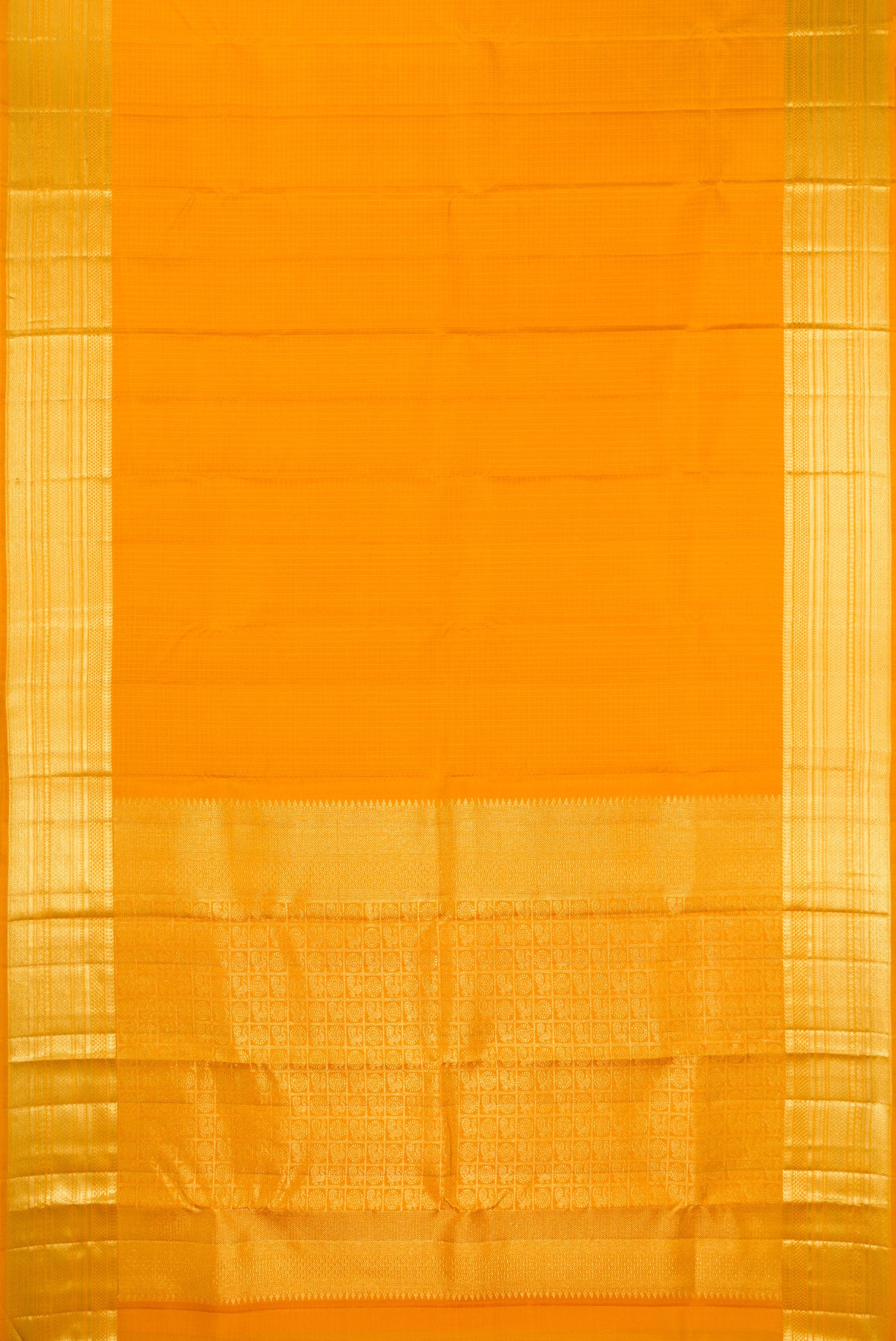 Flat view of Yellow Kanchipuram Silk Saree with Checked design on the body and Zari Border. 