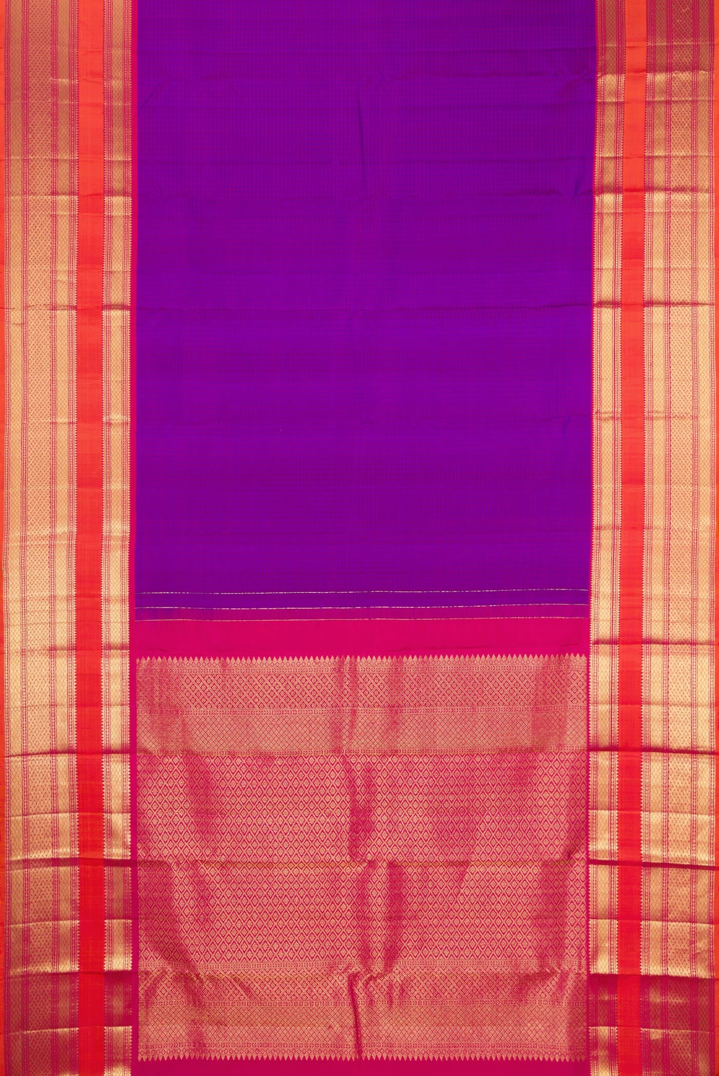 Flat view of Purple Kanchipuram Silk Saree with Checked design on the body and Zari Border. 