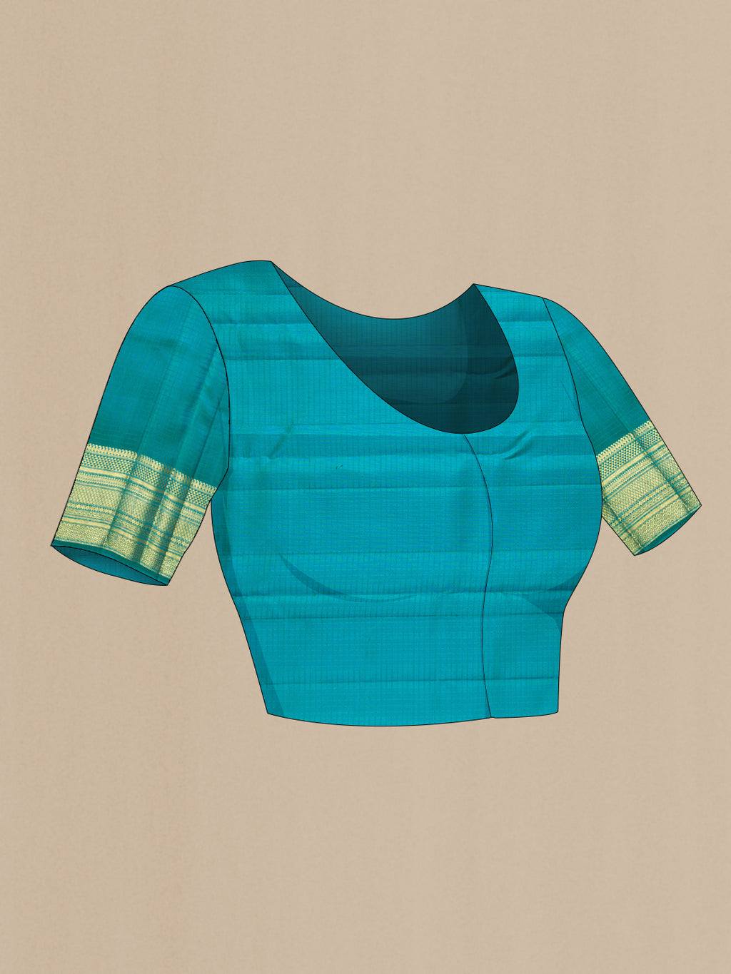 Close up image of the blouse of Peacock Blue Dual Tone Kanchipuram Silk Saree with Checked design on the body and Zari Border. 