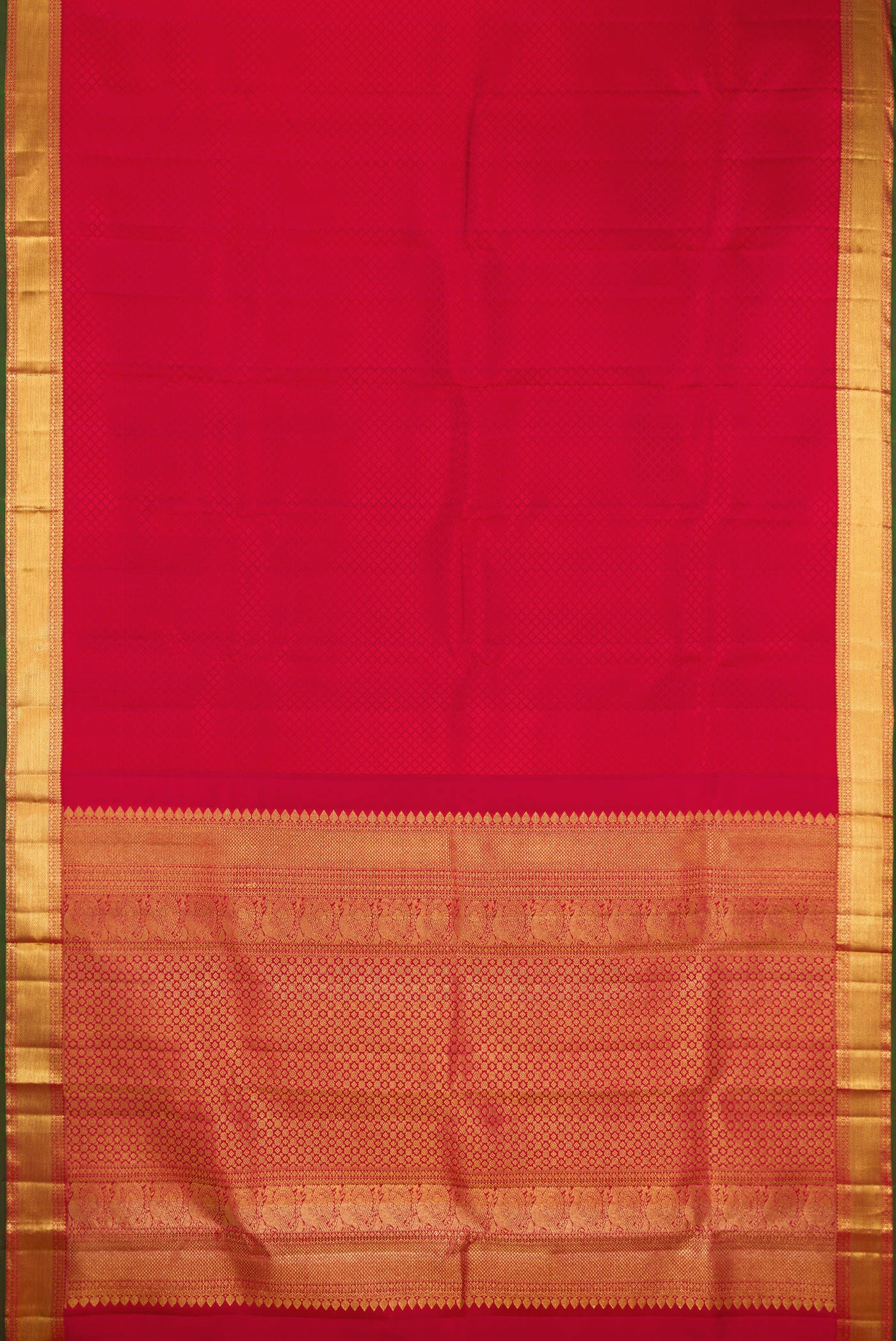 Flat view of Pure Silk Maroon Kanjivaram Saree with Jacquard design on the body and Zari Border. 
