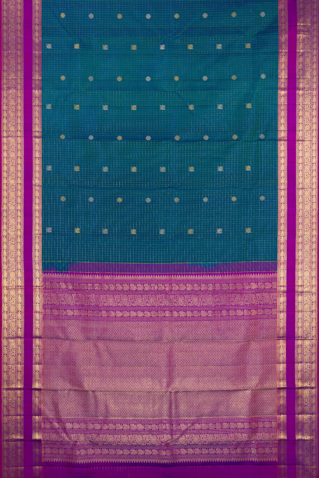 Flat view of Peacock Blue Dual Tone Kanjivaram Silk Saree with Checked design on the body and Fancy Border. 