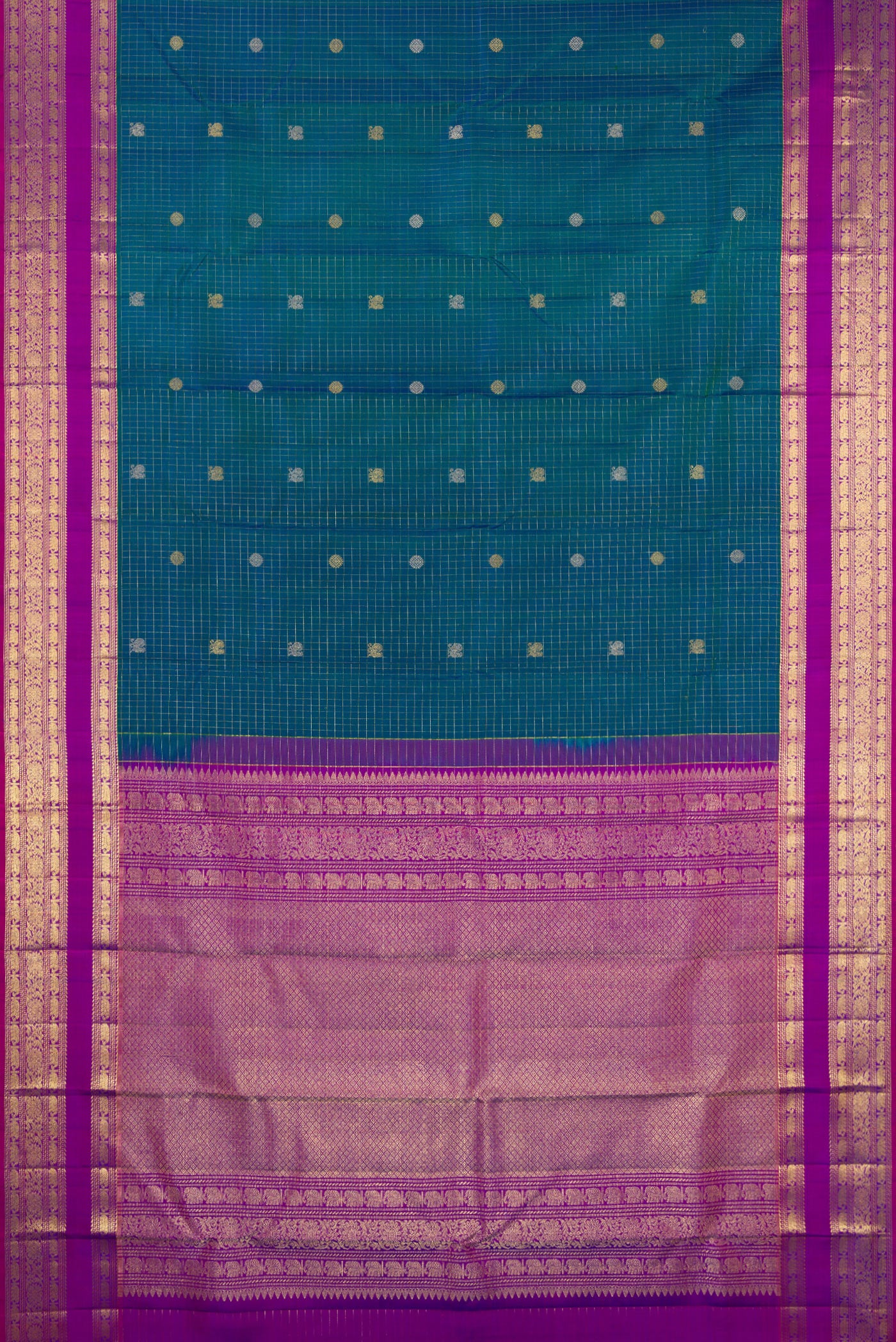 Flat view of Peacock Blue Dual Tone Kanjivaram Silk Saree with Checked design on the body and Fancy Border. 