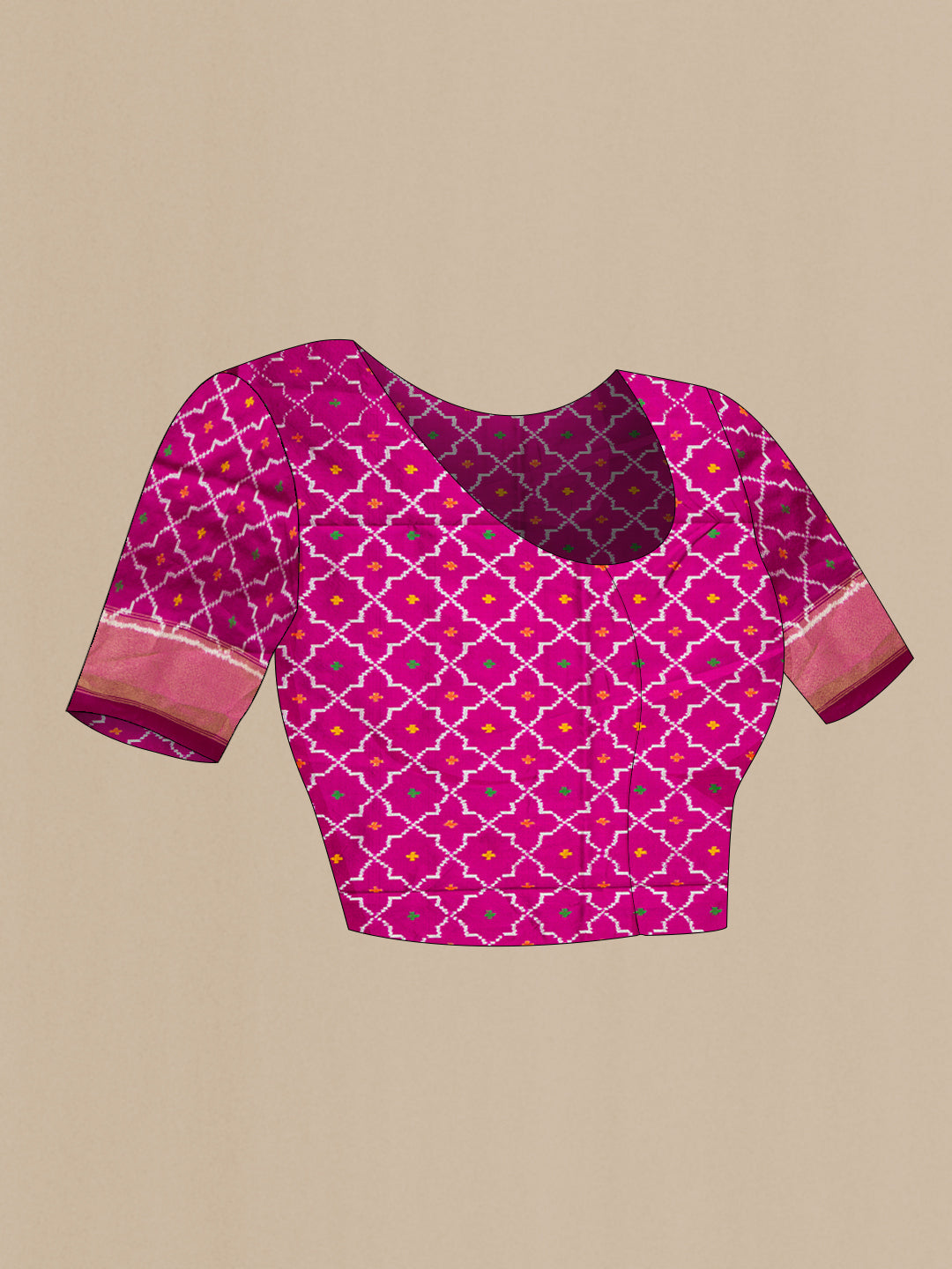 Close up image of the blouse of Magenta Double Ikat Saree with Pure Ikat on the body and Zari Border. 
