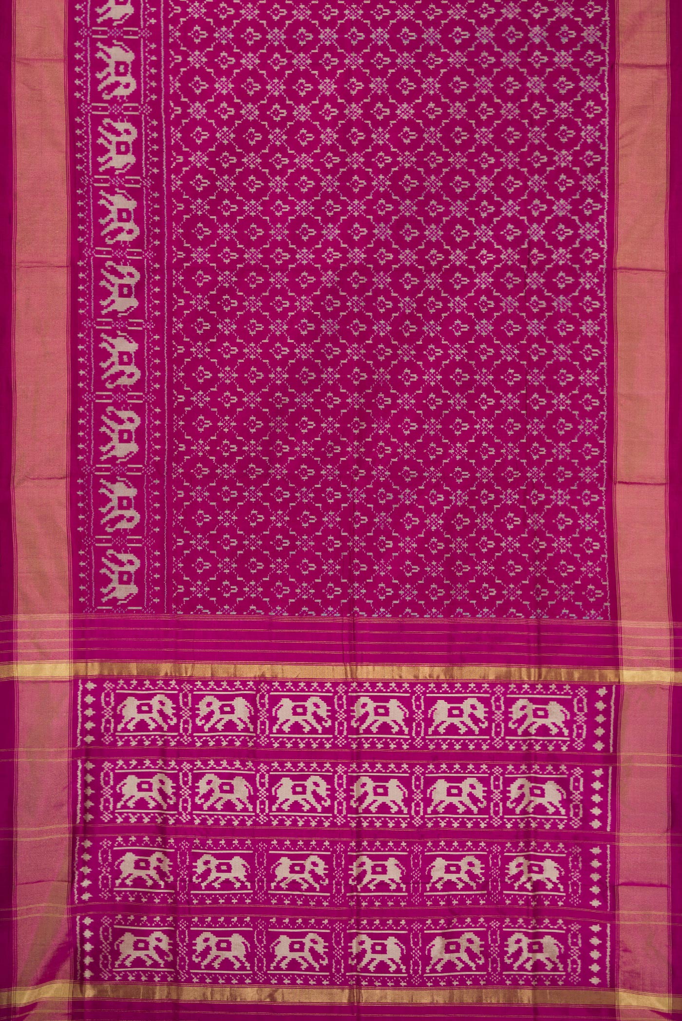 Flat view of Magenta Double Ikat Saree with Pure Ikat on the body and Zari Border. 