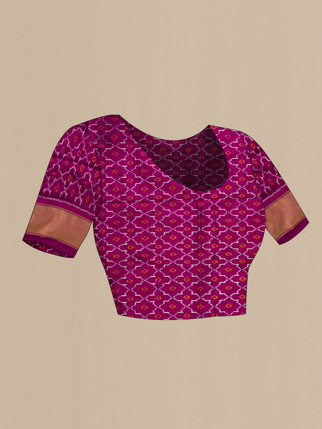 Close up image of the blouse of Purple Double Ikat Saree with Pure Ikat on the body and Ikat Border. 