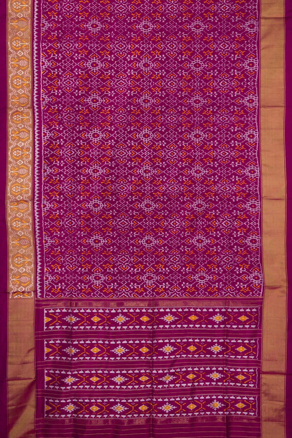 Flat view of Purple Double Ikat Saree with Pure Ikat on the body and Ikat Border. 