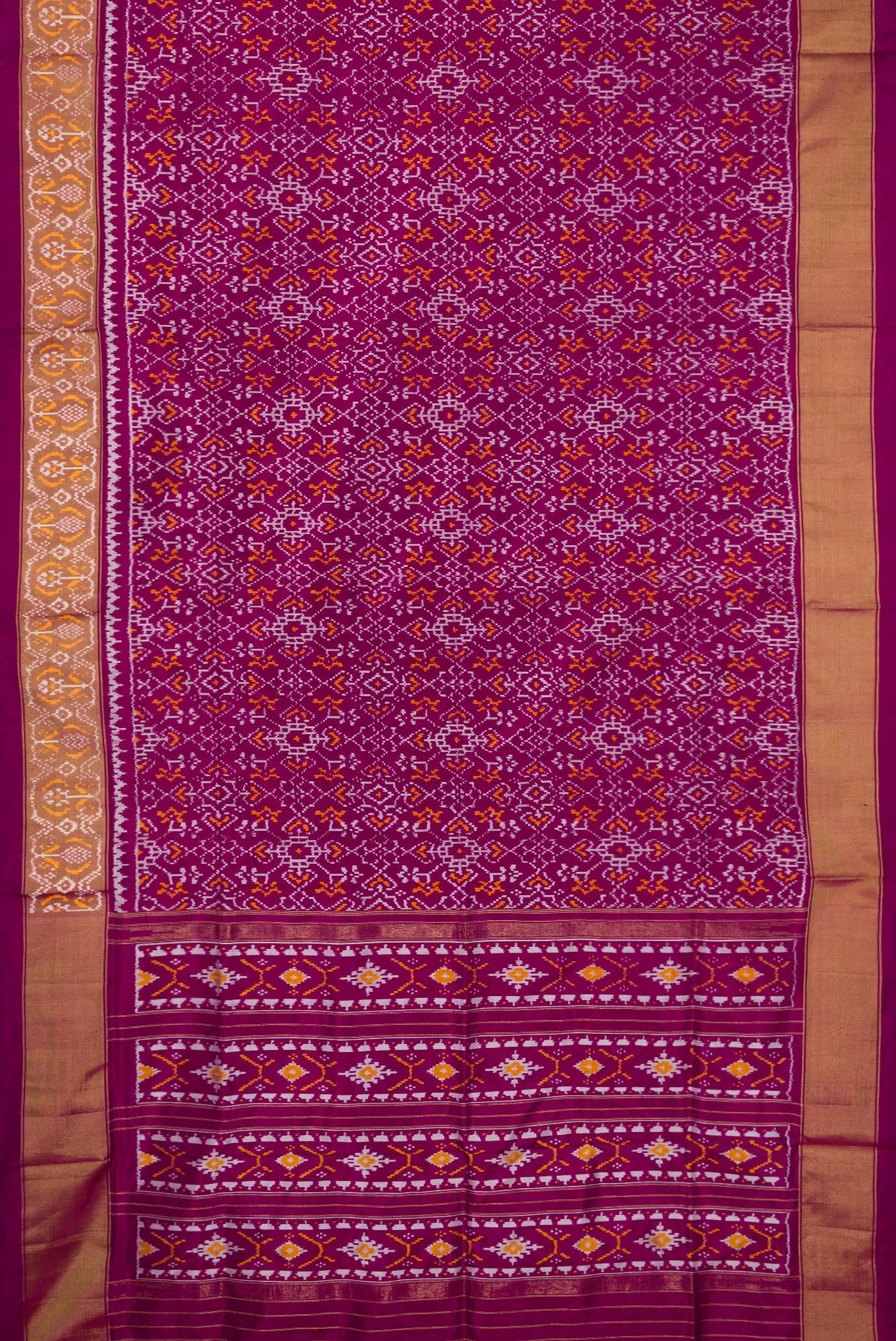 Flat view of Purple Double Ikat Saree with Pure Ikat on the body and Ikat Border. 