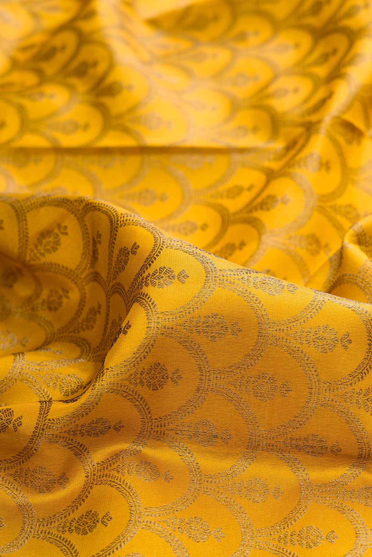 Close up of Pure Silk Mustard Kanjivaram Saree with Zari Brocade on the body and Zari Border.  displaying folds