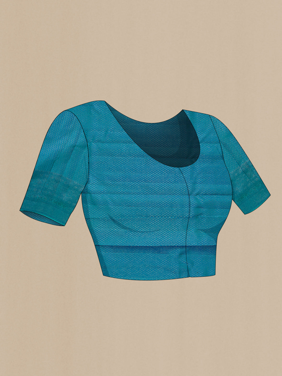 Close up image of the blouse of Pure Silk Peacock Blue Kanjivaram Saree with Zari Brocade on the body and Zari Border. 