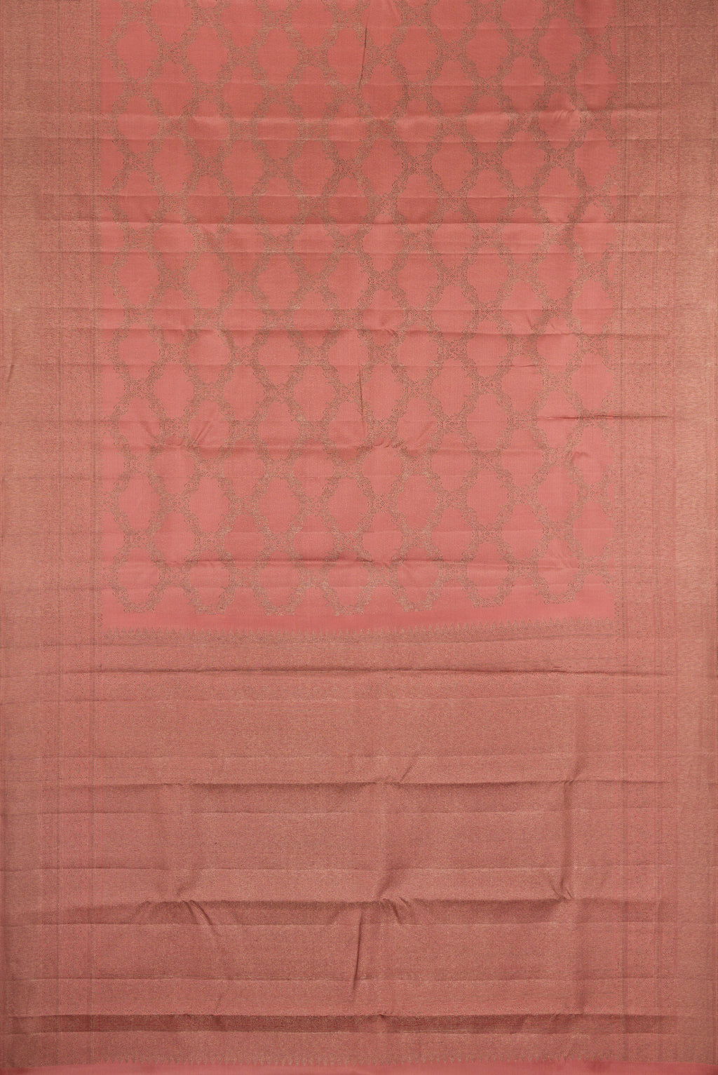Flat view of Coral Kanjivaram Silk Saree with Jacquard design on the body and Fancy Border. 