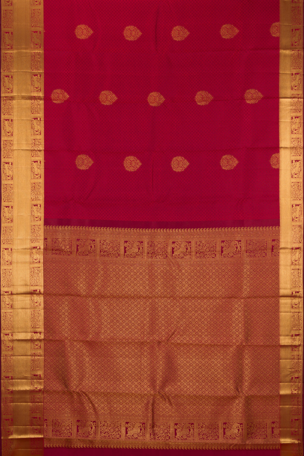 Flat view of Maroon Kanjivaram Silk Saree with Jacquard With Zari Butta on the body and Zari Border. 