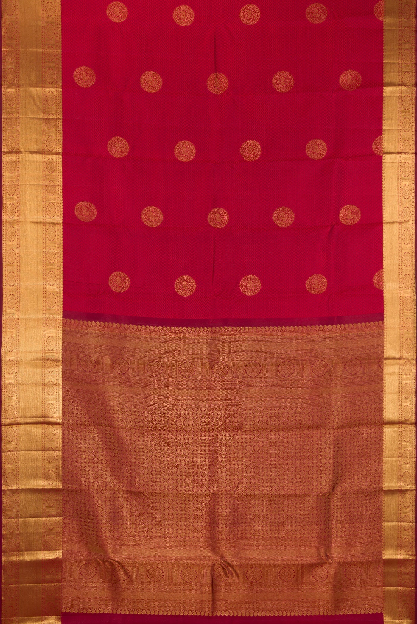 Flat view of Maroon Kanjivaram Silk Saree with Jacquard With Zari Butta on the body and Zari Border. 