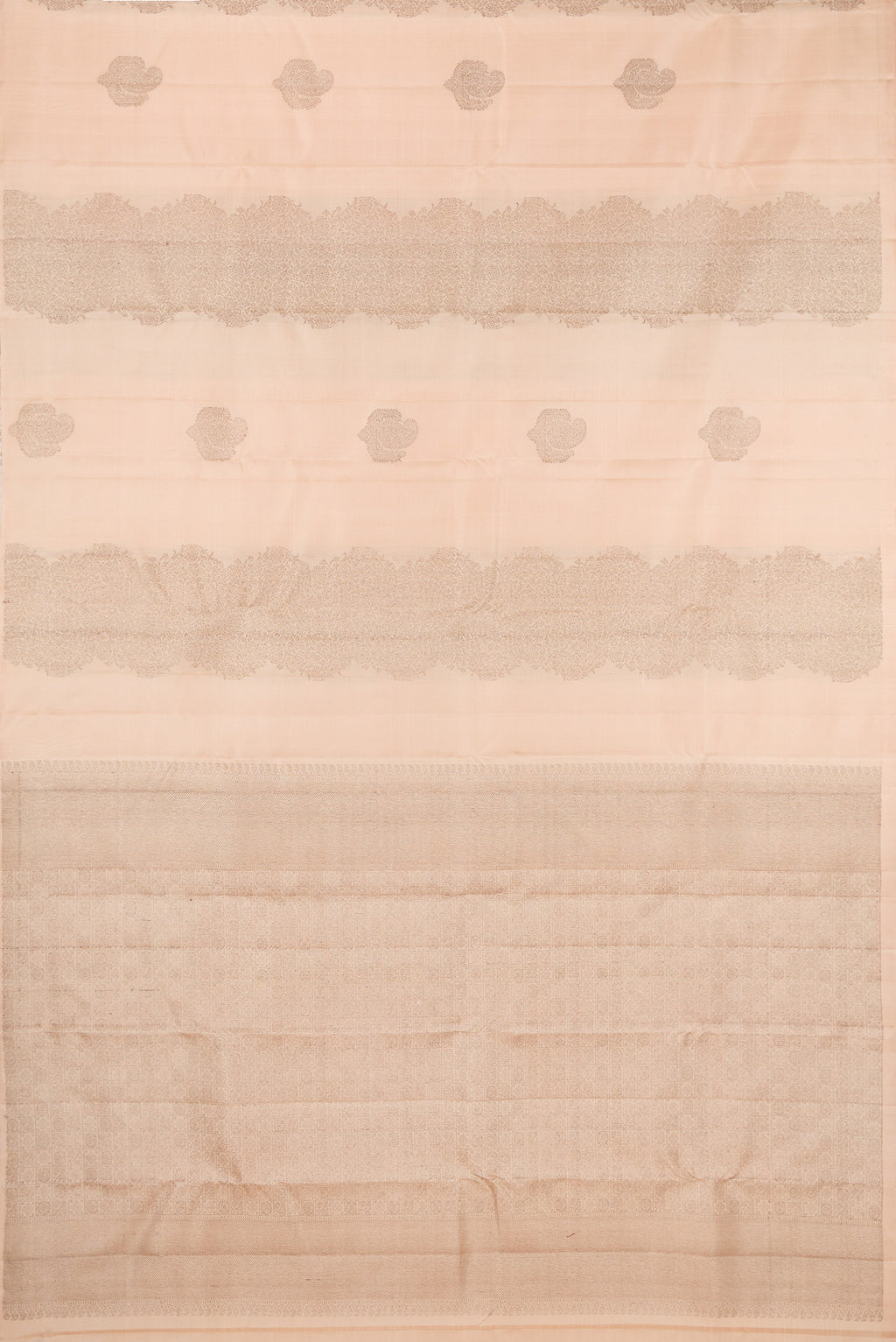 Flat view of Sandal Kanjivaram Silk Saree with Zari Butta on the body and Without Border. 