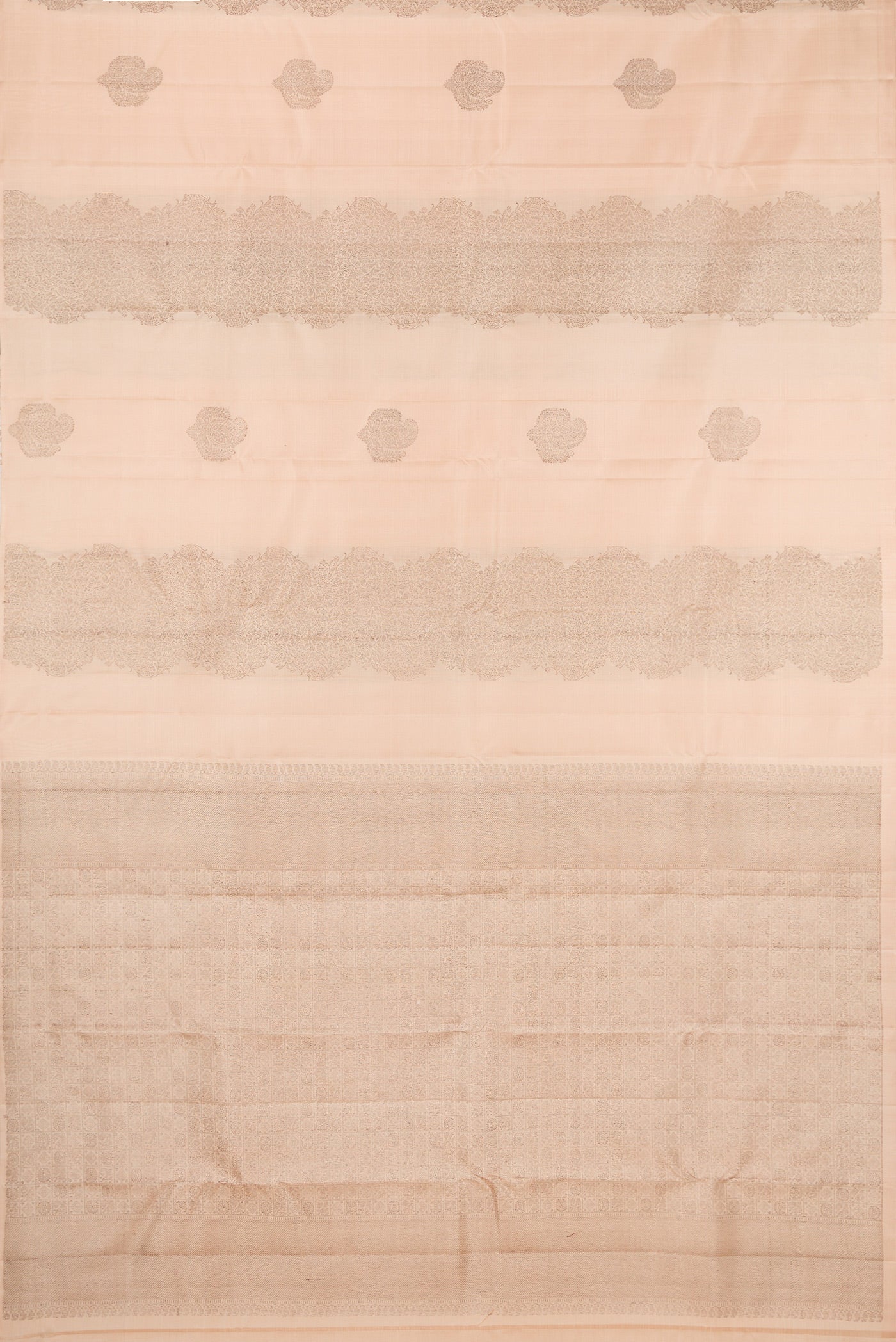 Flat view of Sandal Kanjivaram Silk Saree with Zari Butta on the body and Without Border. 