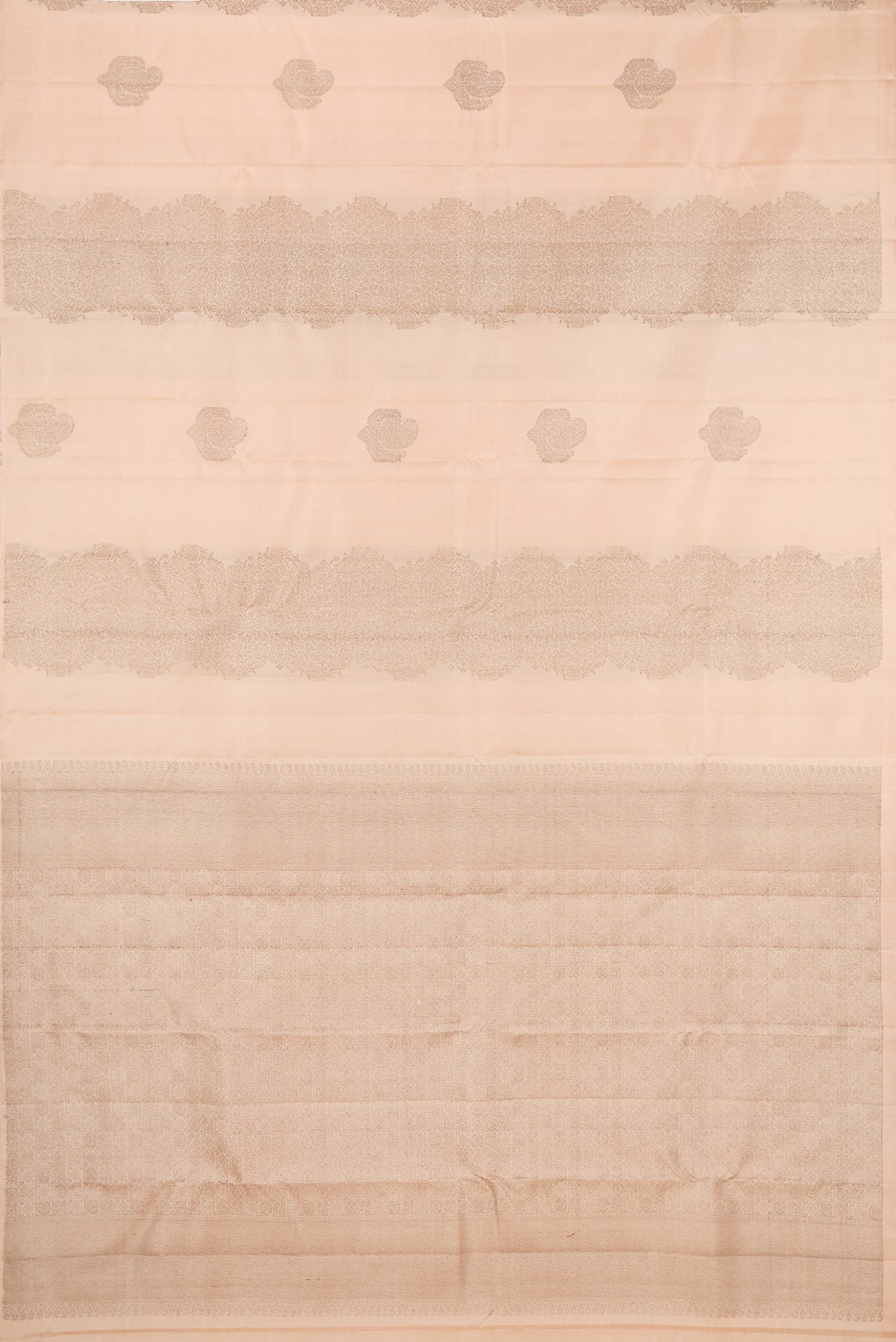 Flat view of Sandal Kanjivaram Silk Saree with Zari Butta on the body and Without Border. 