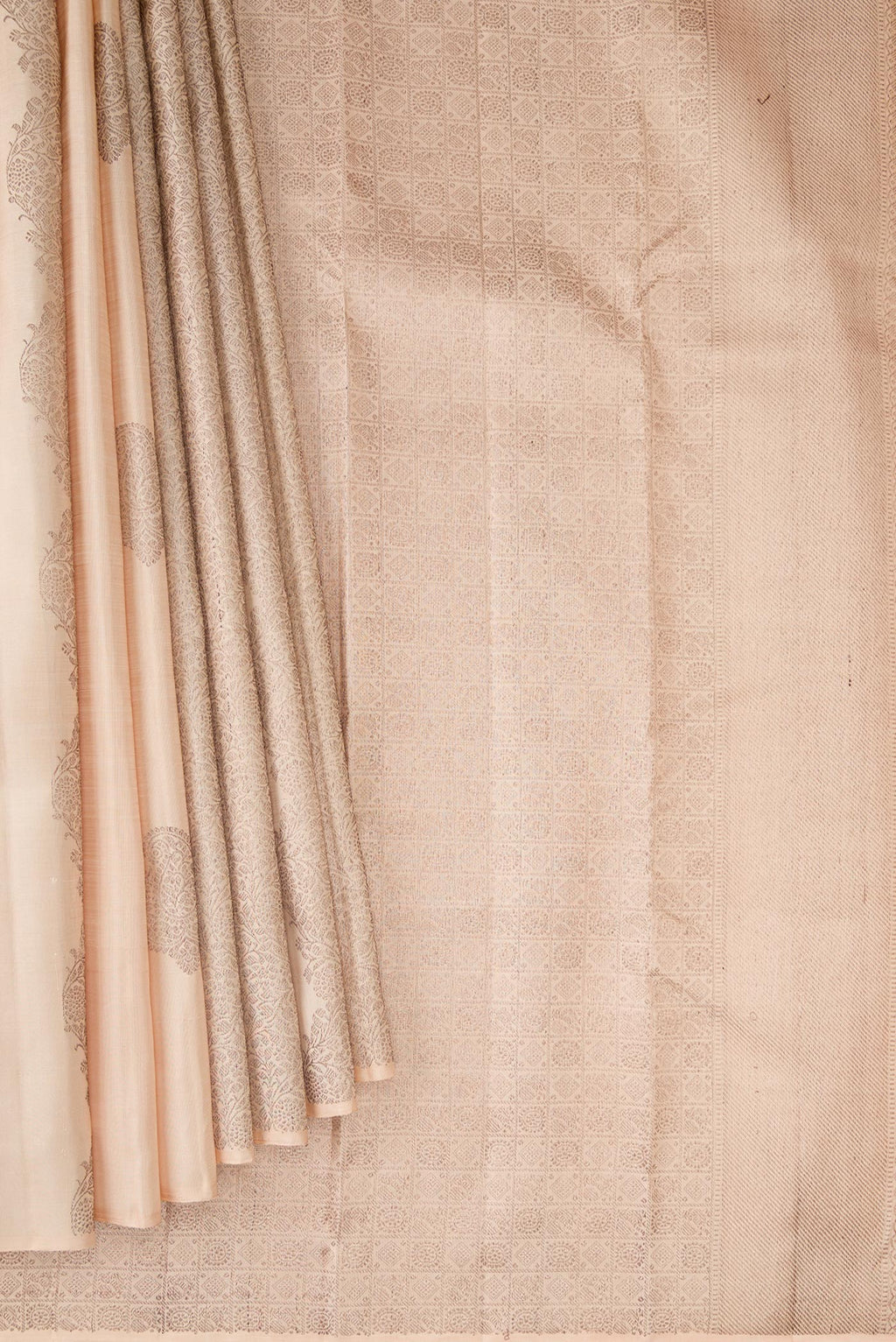 Pleats and pallu of Sandal Kanjivaram Silk Saree with Zari Butta on the body and Without Border. 