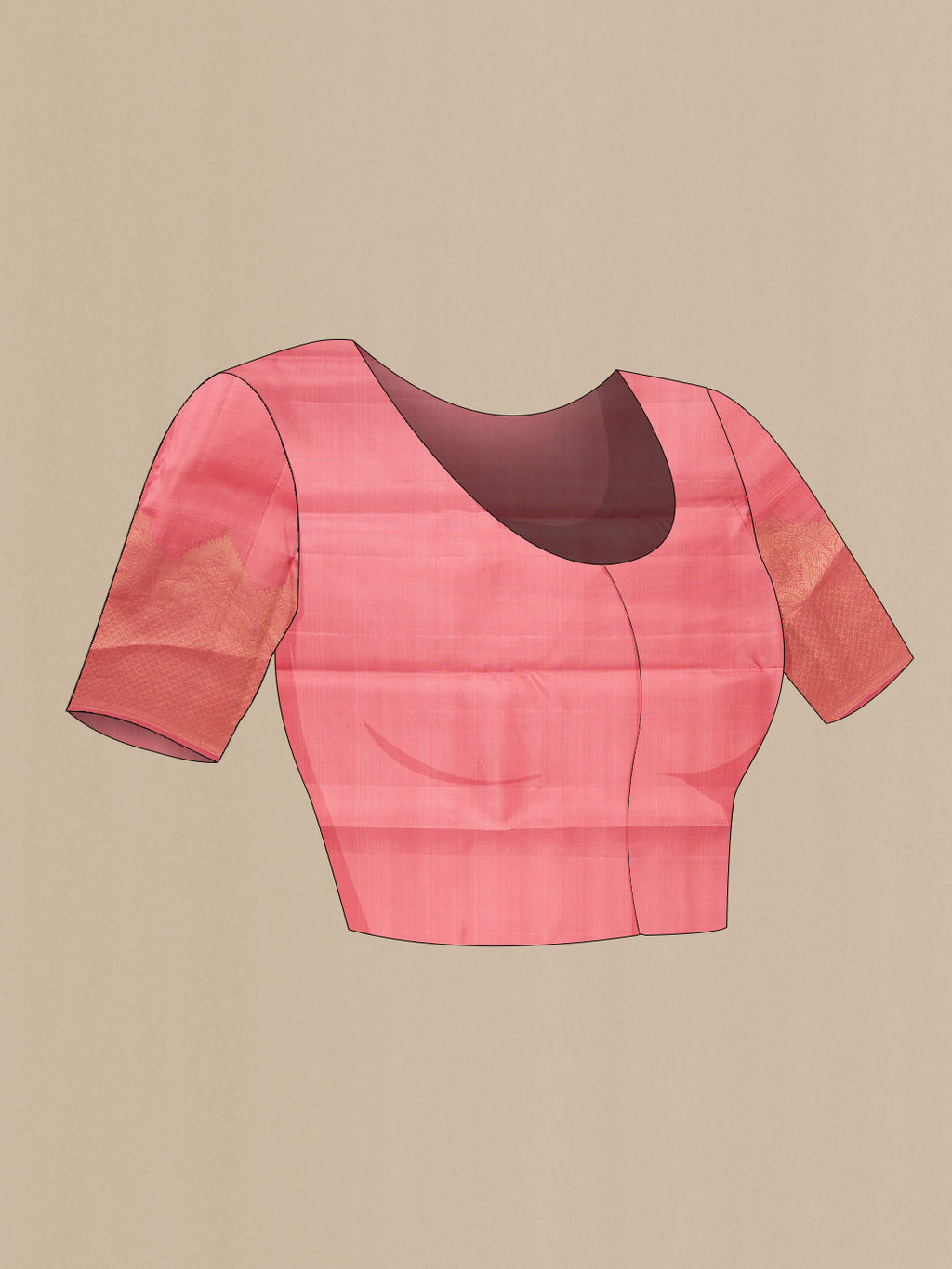 Close up image of the blouse of Rose pink Kanjivaram Silk Saree with Jacquard design on the body and Fancy Border. 